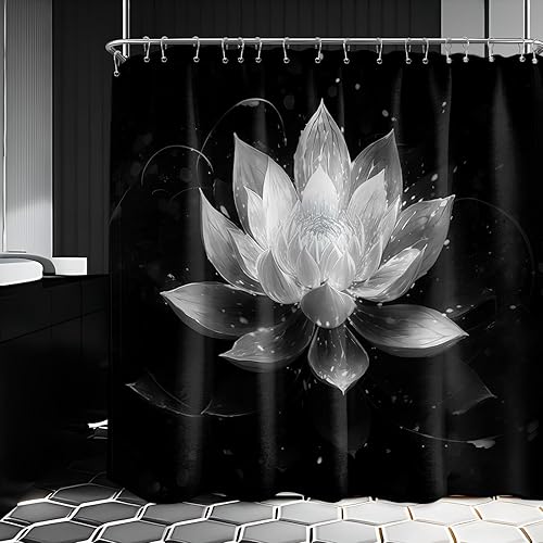 Miniatura 62 de Cortina de ducha negra y dorada con flores de loto amarillo dorado para juegos de decoración de baño, tela impermeable con ganchos, 70 x 72 pulgadas