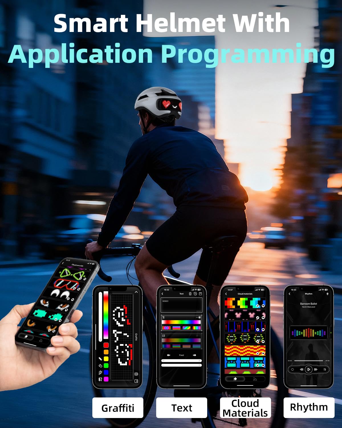 Casco LED Inteligente con Control Remoto y App,Texto y patrón DIY Personalizables,luz Intermitente,Resistente,Impermeable,Ligero,para Hombres y Mujeres Adultos,per biciclette