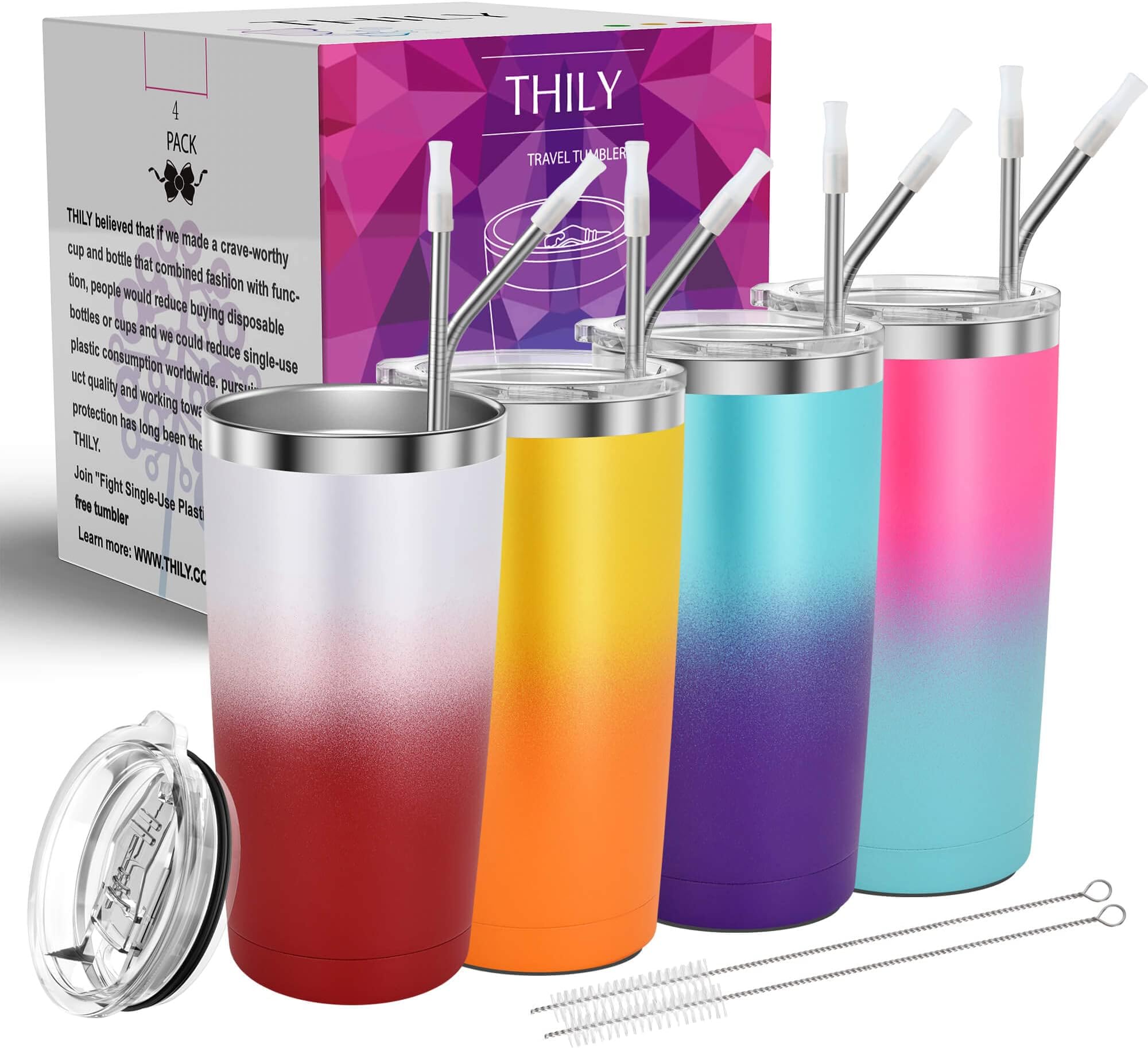 Vacuum Insulated Stainless Steel Tumbler - THILY 20 oz 4 Pack Travel Coffee Mug with Lids and Straw, Durable Powder Coated Thermal Cup, Non-slip Bottom, for Cold & Hot Drinks, Mix Color Set of 4