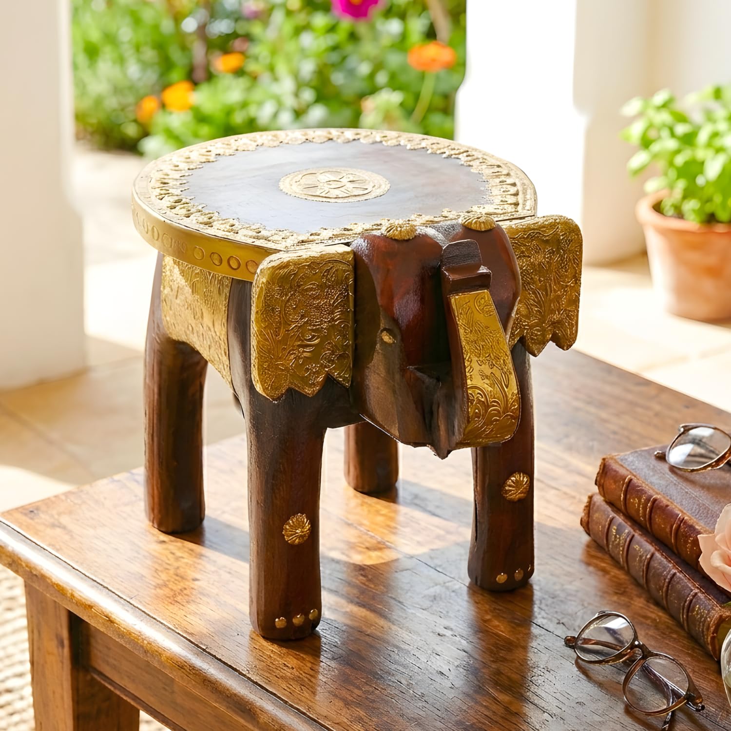 Handcrafted Wooden Elephant Stool with Pure Brass Work | 8 Inch Decorative Side Table | Traditional Indian Brass Top Elephant Showpiece for Home & Office Decor-image-40