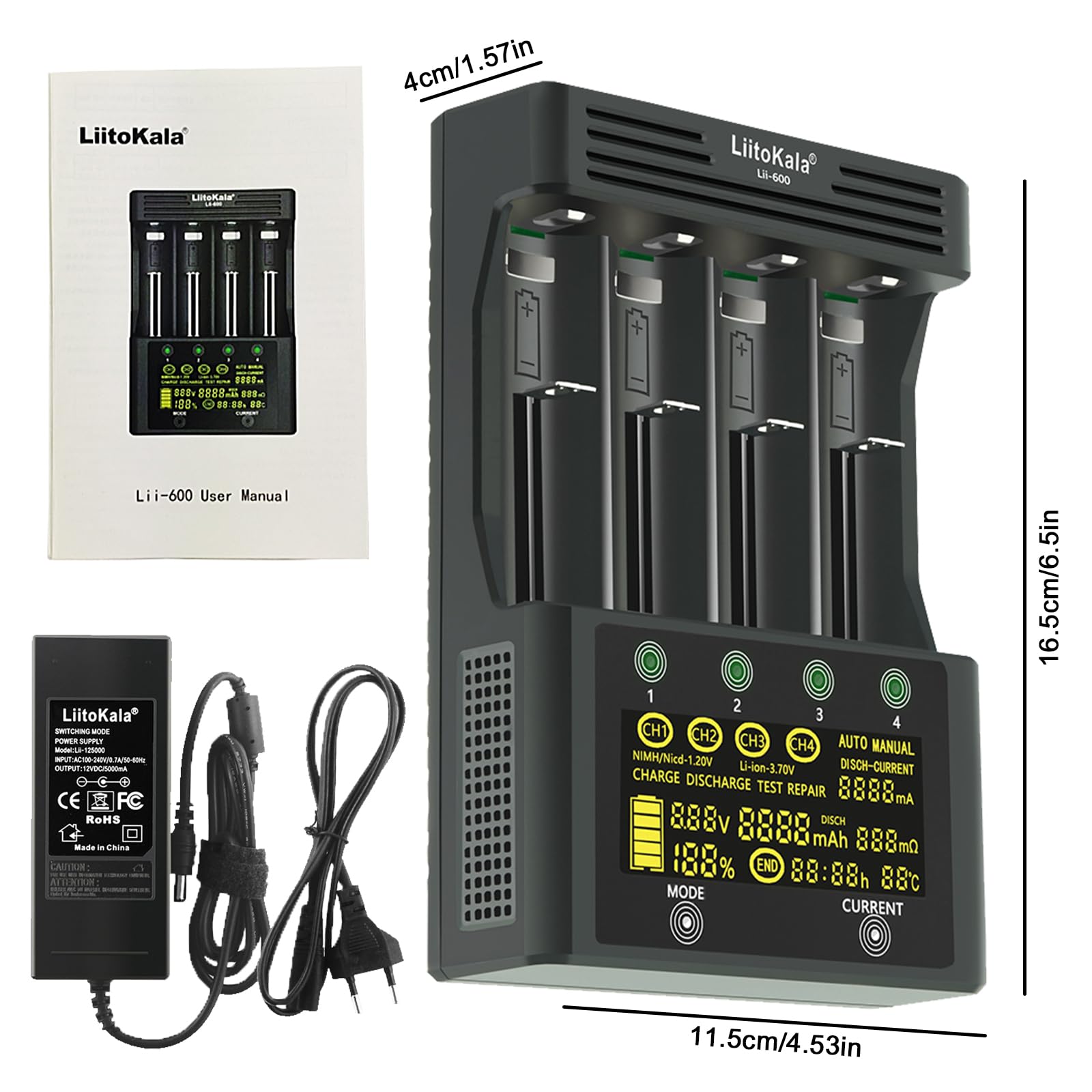 LiitoKala Lii-600 ładowarka z ekranem dotykowym LCD USB 5 V mobilne wyjście do 14550 18490 18650 26650 Li-lion (3.7 V), AA AAA SC Ni-MH Li-ion (1.2V), 12V5A, 4 Bay