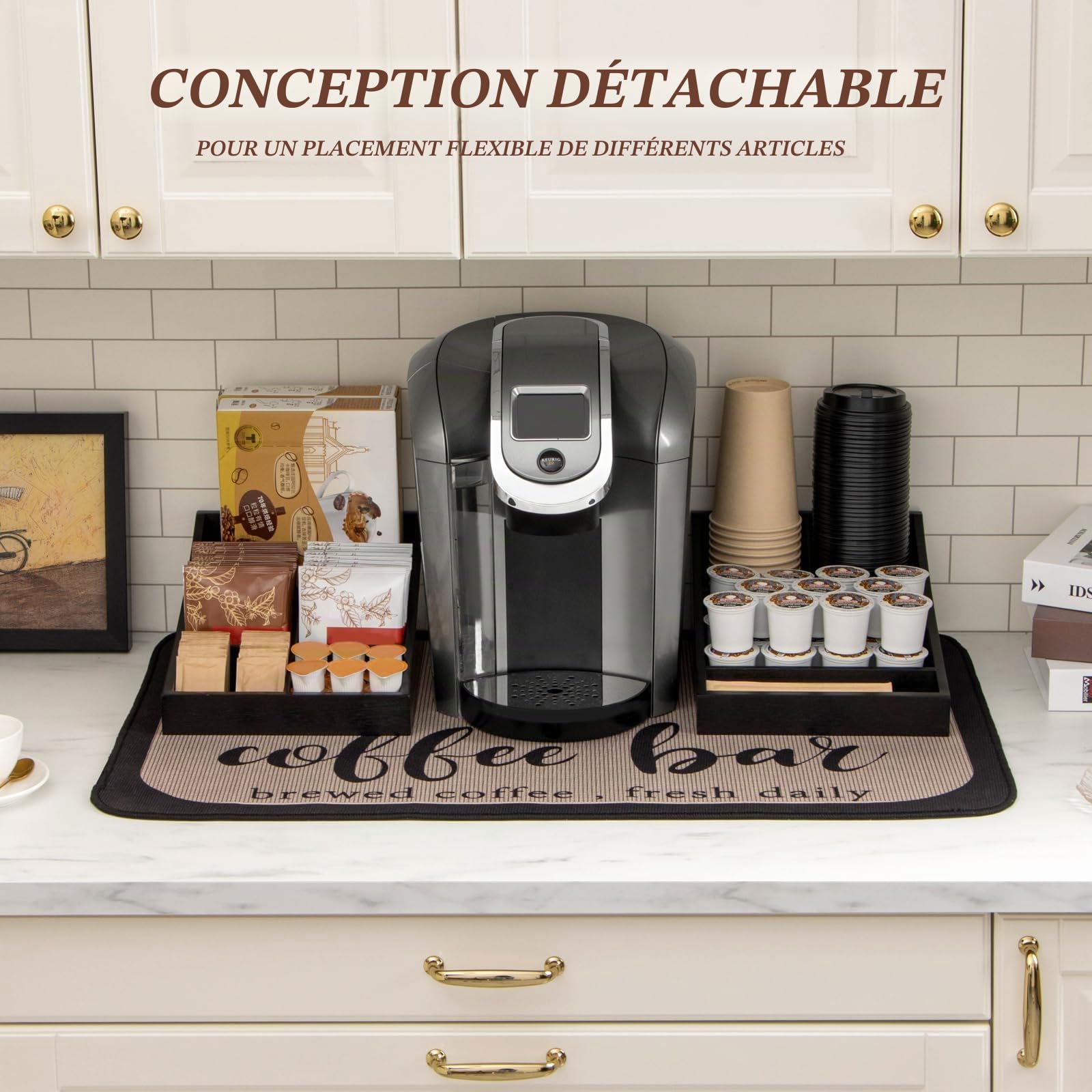 ANBOXIT Organisateur de Station de Café pour Comptoir, Plateau de Service de Condiments, Organisateur de Bar à Café pour Maison, Bureau et Salle de Pause - Bois, Noir, 9 Compartiments, Deux-en-Un