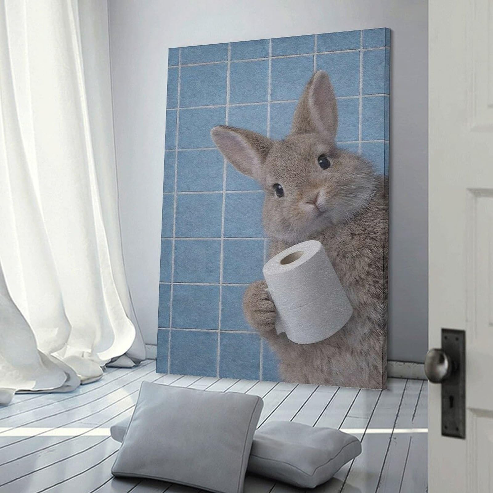 Junmoney Home Decor Wall Art Rabbit Holding Toilet Paper, 24x36inch(60x90cm), for New Homes, Bedrooms Or Workspaces, Home Decor Gift with Stylish Appeal