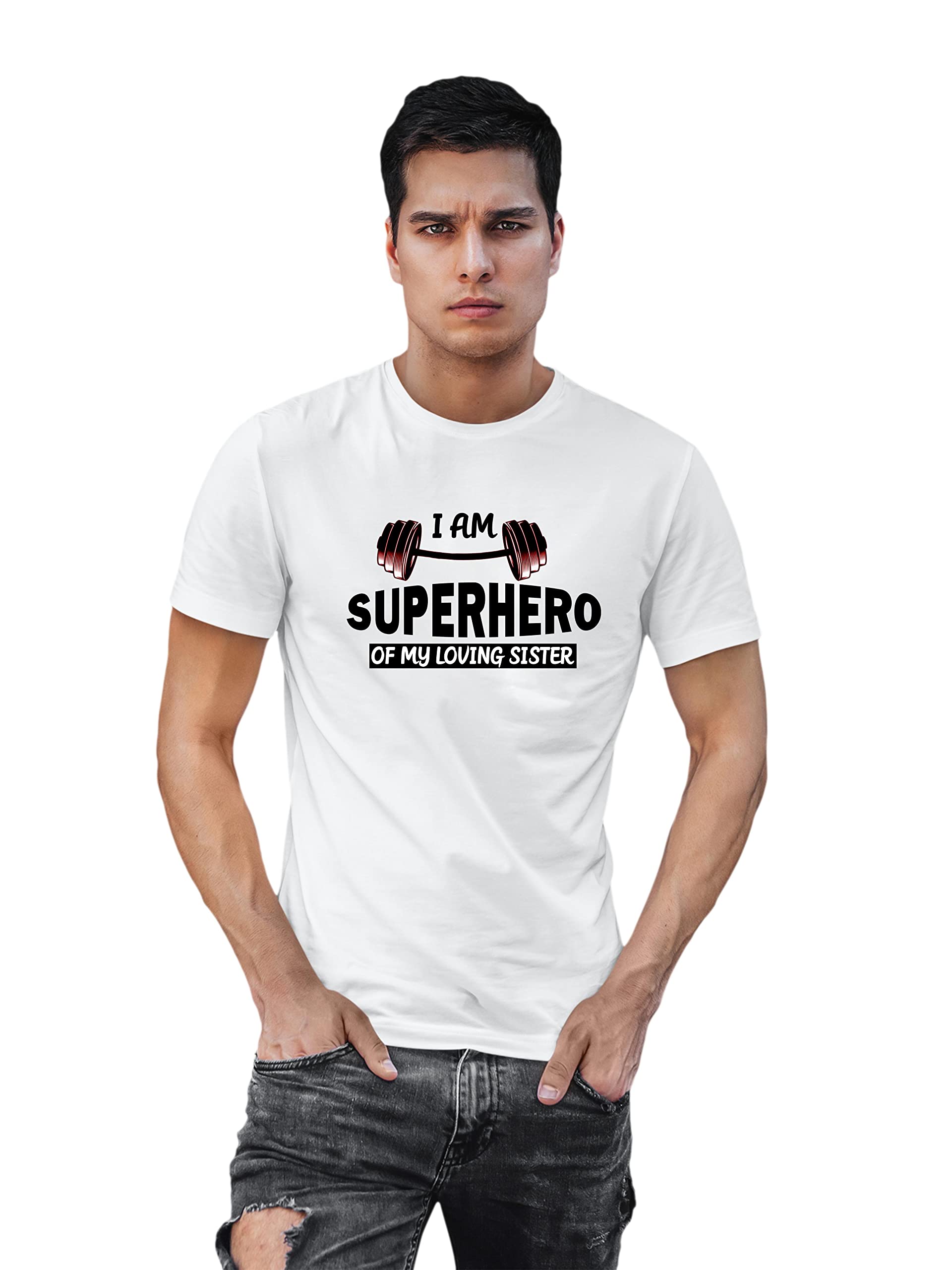 ADT Photo Gifts"I Am Angel of My Loving Brother-I Am Superhero of My Loving Sister White Tshirts with Men Large (40) Size