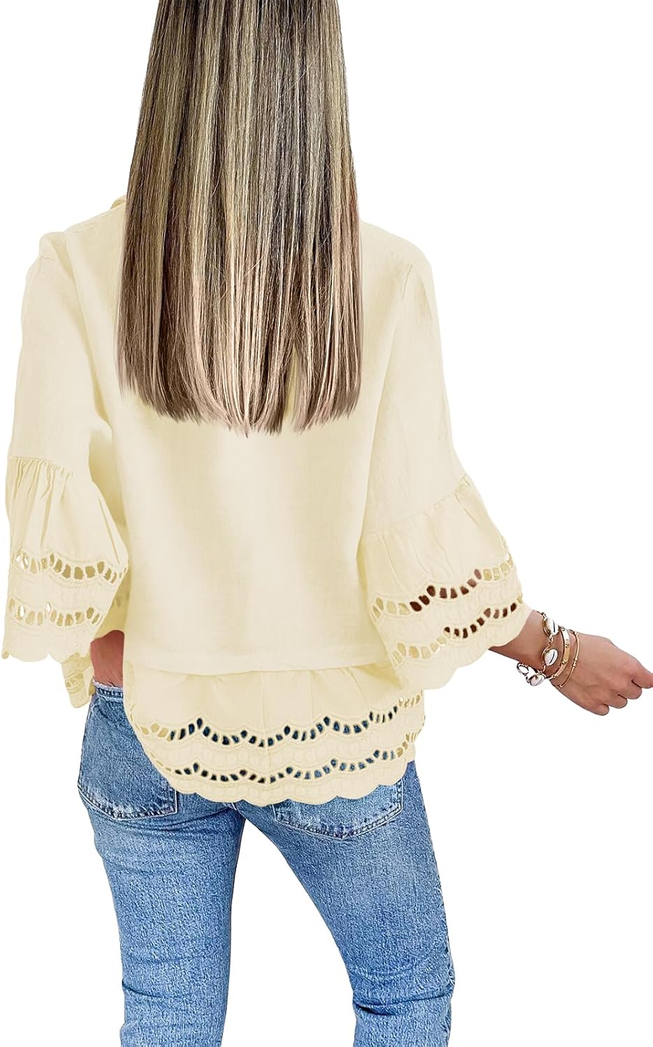 Cicy Bell Womens 3/4 Bell Sleeve Button Down Shirts Casual Ruffle Hem Tops Eyelet Blouse - Image 4