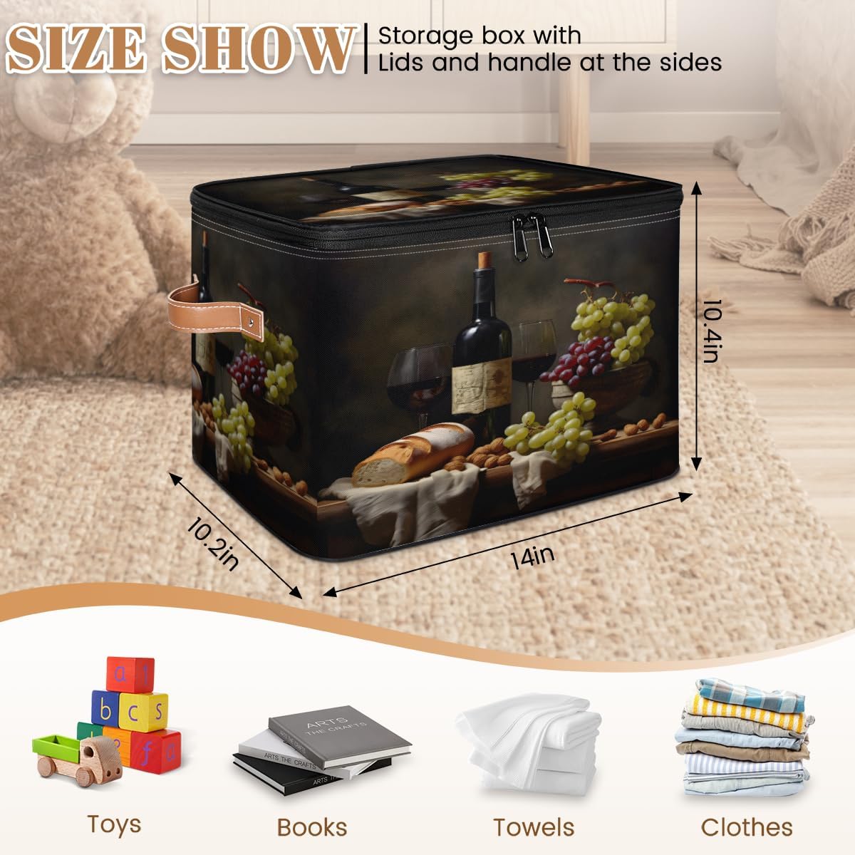 Storage Bin Set of 2 Grape Red Wine Storage Basket with Zipper Lid & Handle Foldable Closet Shelf 2 Pack Cloth Organizer Basket Cube Bins Clothes Organizer for Bedroom, Nursery