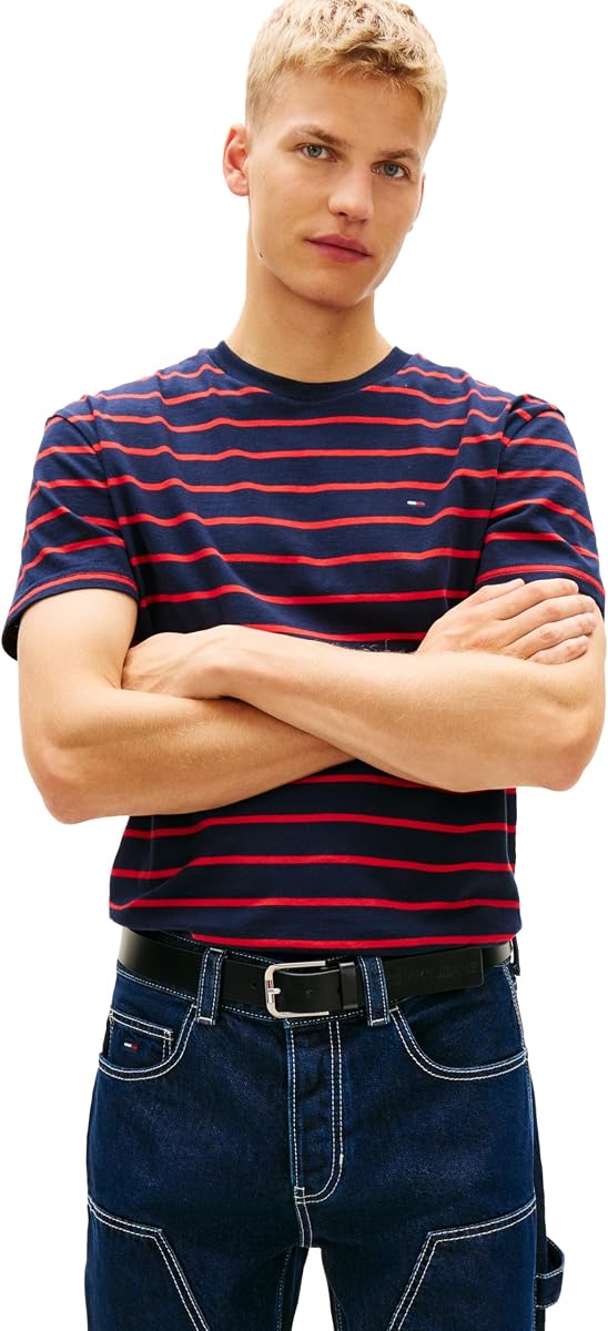 Camiseta regular de manga corta con estampado de rayas para hombre, rayas azul marino noche mediana