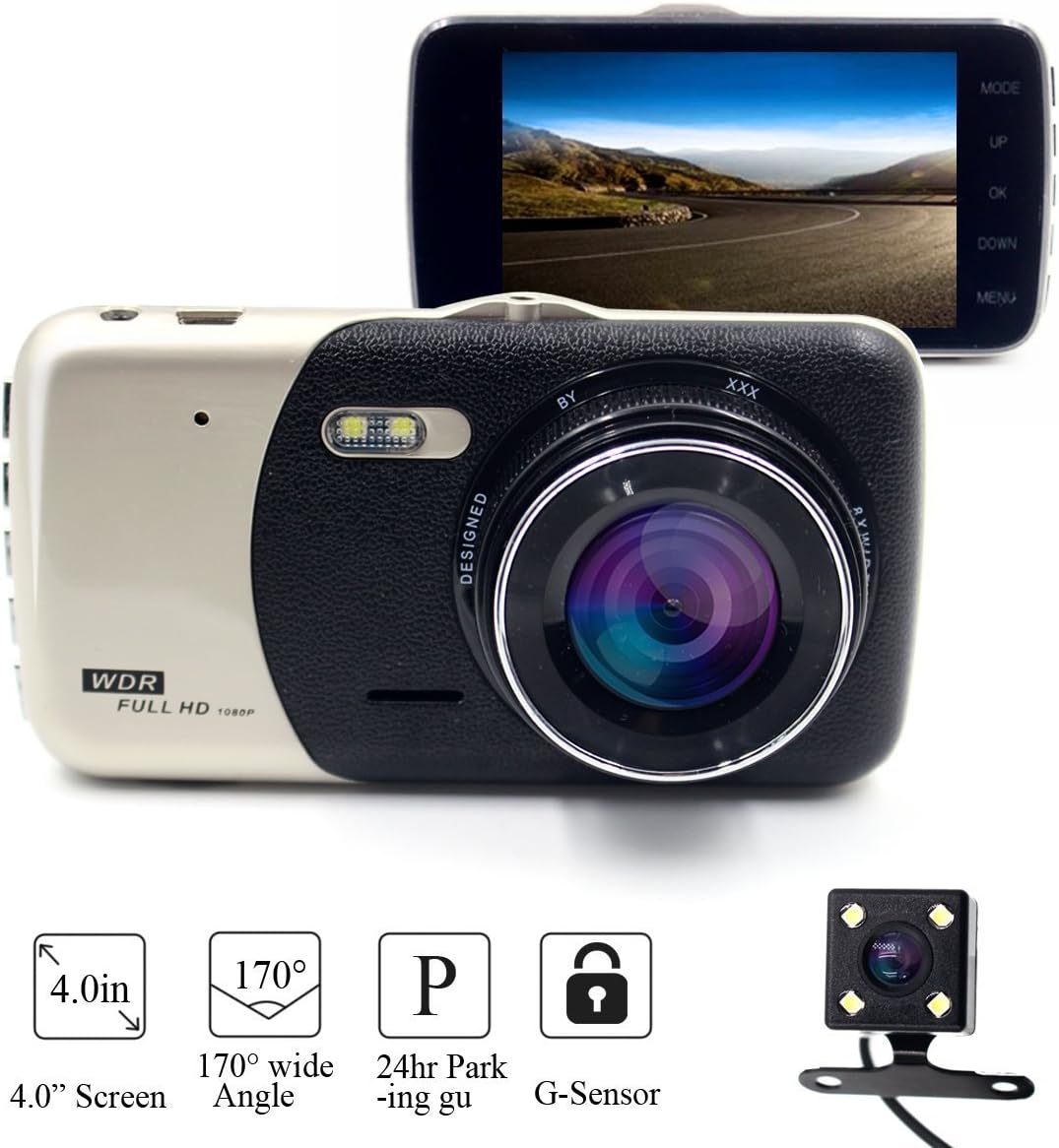 Sunsome Full HD 1080P Dash Cam 4 LCD 170 Wide Angle Dashboard Camera Dual Lens Front Rear Car DVR With HDR Night Vision,Loop Recording,Parking Mode,G-Sensor,Capacity Up To 64GB