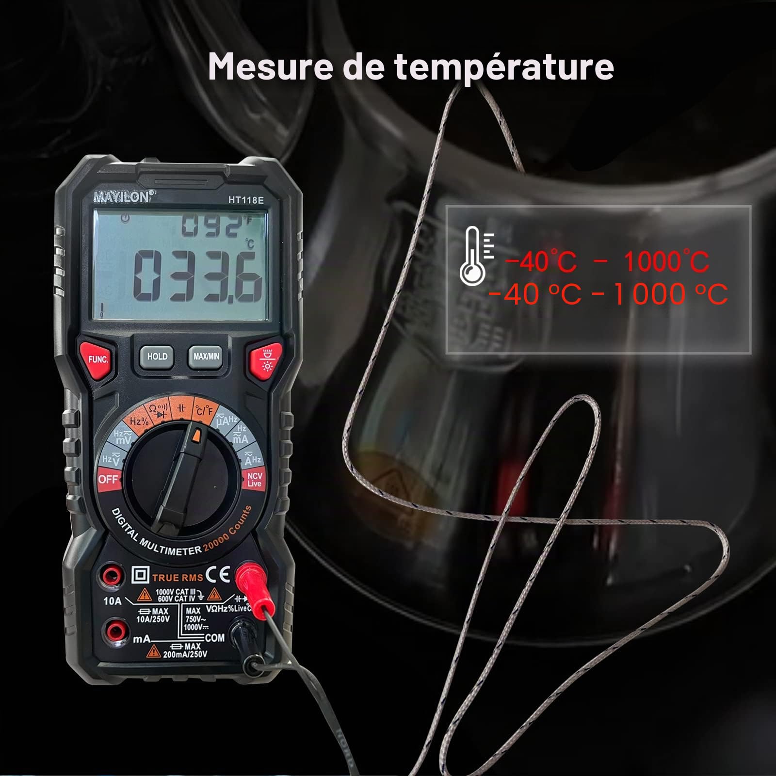 HT118E 20000 Compte Multimètre Numérique, Compteur Courant True RMS avec NCV et Détection de Fil en Direct, Mesure Tension AC/DC Courant, Capacité, Résistance, Diodes, Fréquence, Continuité