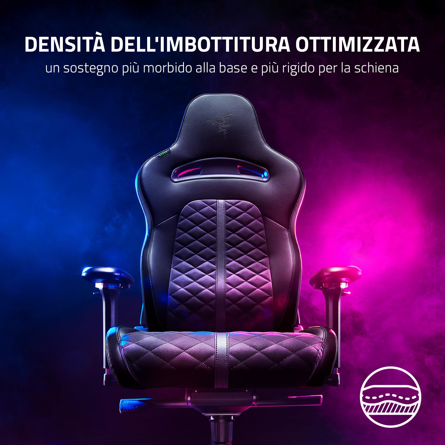 Razer Enki (Black) - Sedia da Gaming con Supporto Lombare Integrato, Finta Pelle Multistrato, Cuscini in Schiuma Ad Alta Densità, Braccioli 4D, Cuscino Poggiatesta
