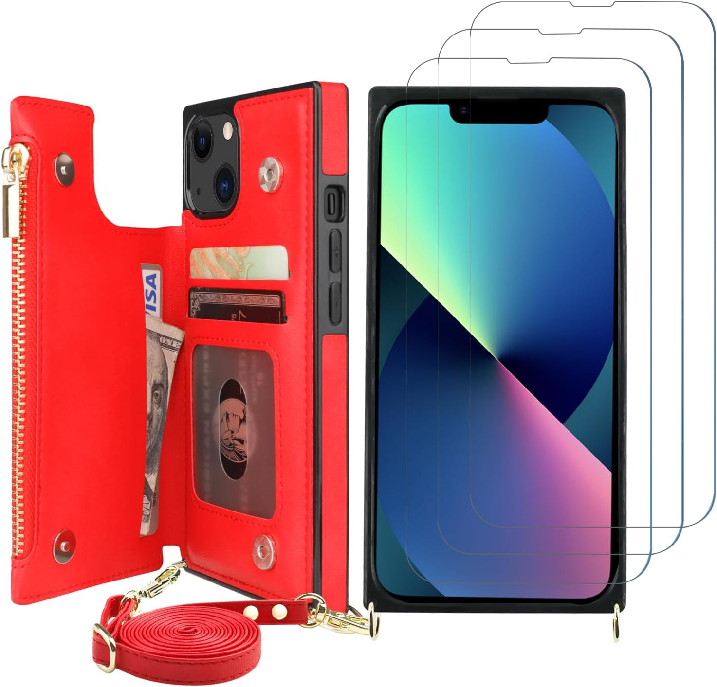 Bocasal A Zippered Crossbody Wallet Case for iPhone 13 + 3 Pcs Tempered Glass Screen Protector for iPhone 13/14/13 Pro