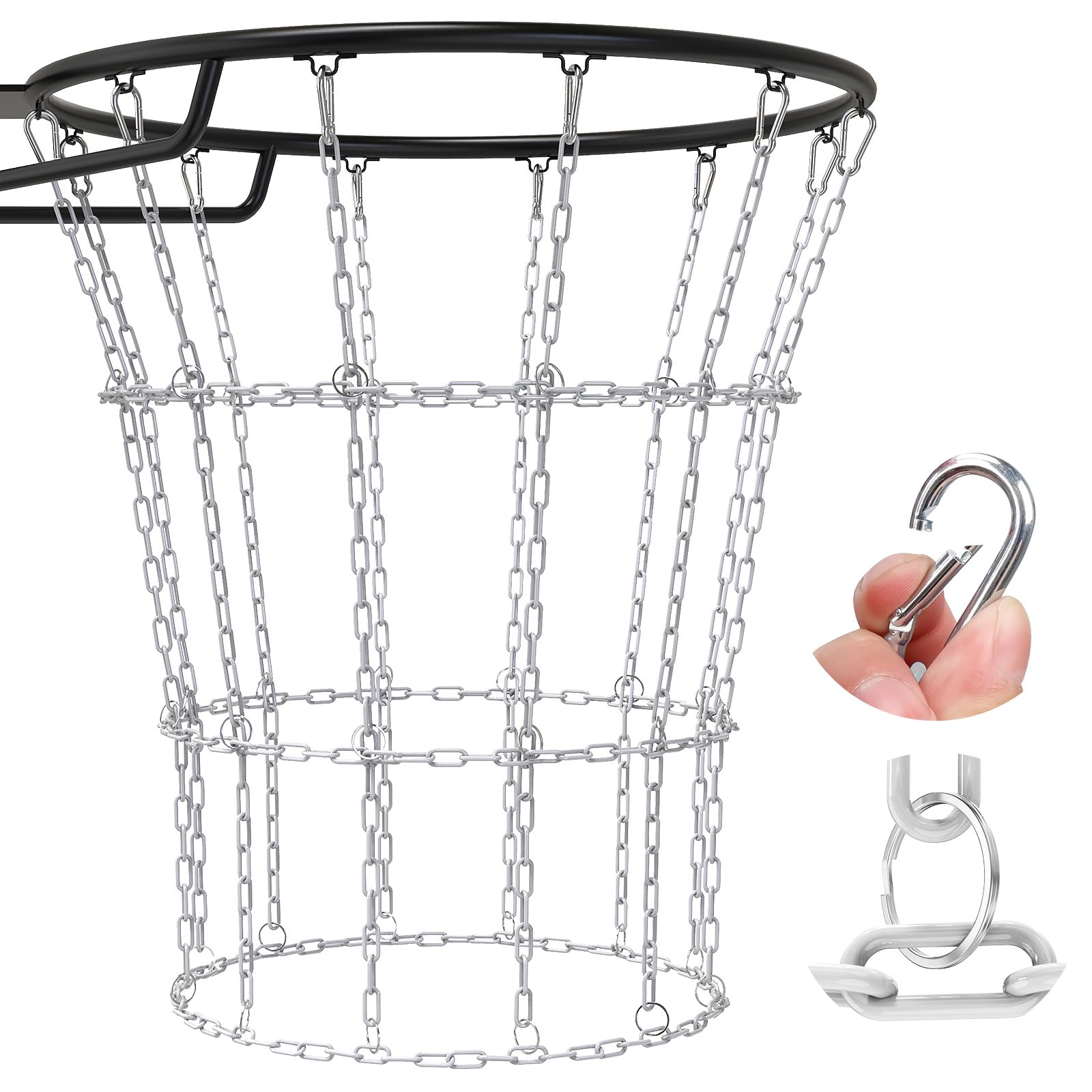 Kipika Heavy-Duty Basketball Hoop Net, Rust-Resistant Carbon Steel Chain Net to Fit Standard 46cm Hoops, 12-Loop Design for Indoor and Outdoor Use (B-White)