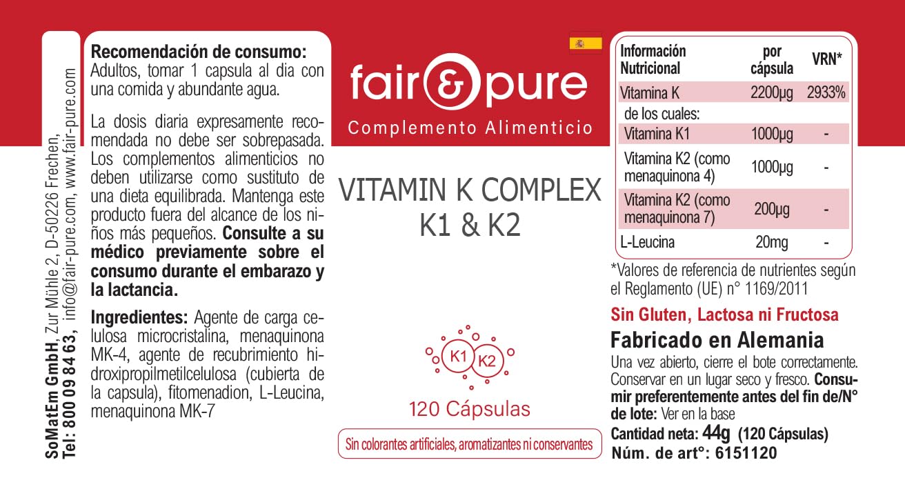 Fair & Pure® - Vitamine K Complexe K1 & K2 - avec 2200μg de Vitamines K par gélule - 120 gélules véganes