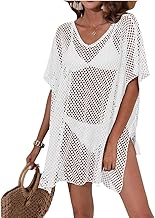Women's Crochet Beach Cover Up, White Mesh Swimsuit Cover Up, V-Neck Short Sleeve