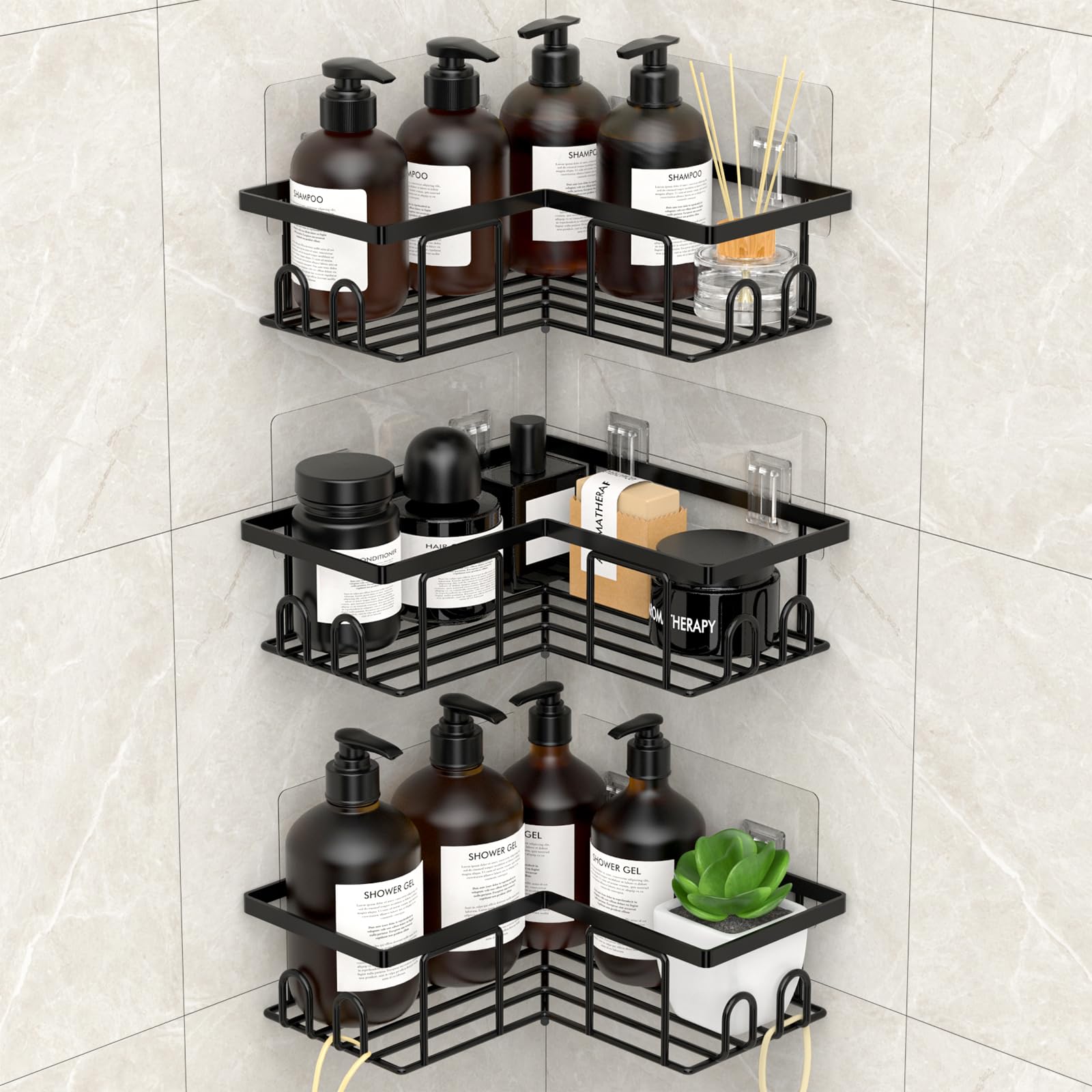 LOOBOV Shower Caddy Corner, Rustproof Shower Shelves, Bathroom Caddy No Drilling, Bathroom Organizers/Storage with Hooks (3 Pack- Black)