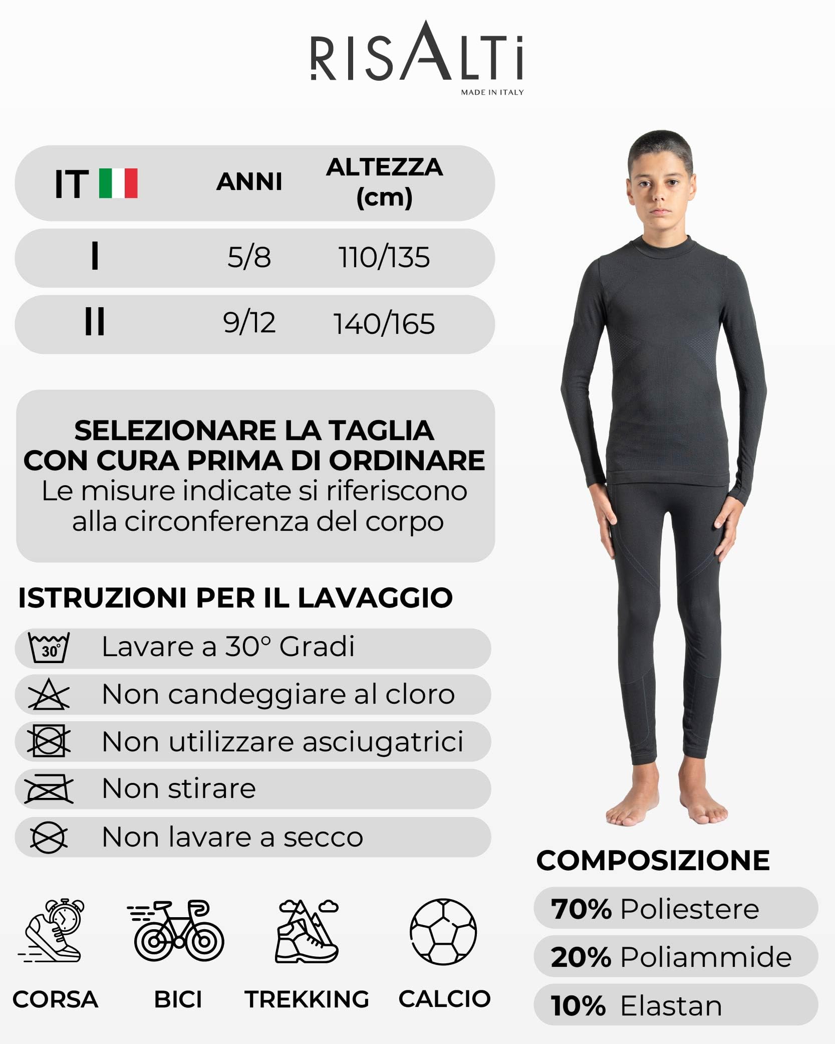 Risalti Maglia Termica Bambino Bambina e Calzamaglia Energy - Tuta Termica Bambino Unisex, Intimo Traspirante Senza Cuciture, Lupetto e Leggings Elasticizzati, Sci, Calcio, Ciclismo - Made in Italy