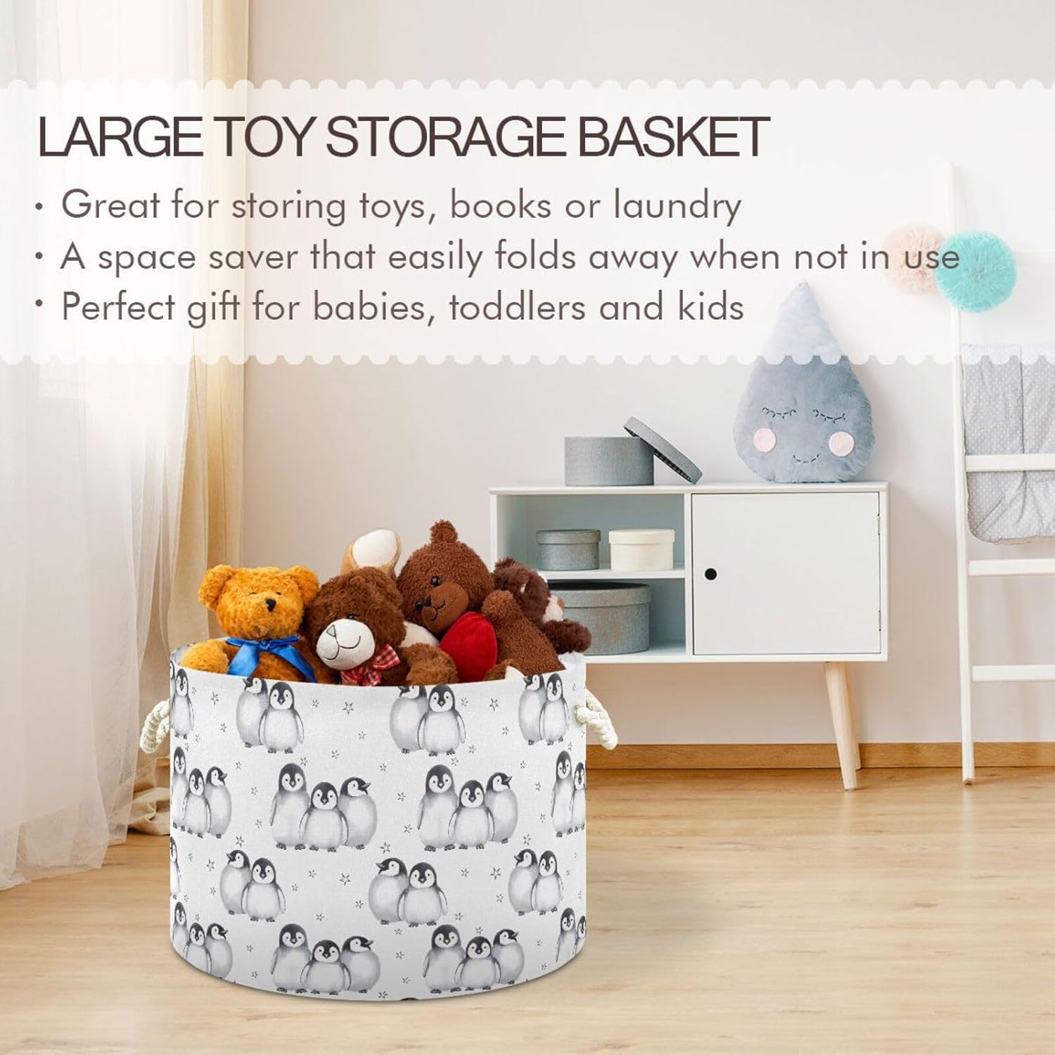 ALAZA Penguin Storage Basket Penguin Basket Large Penguin Storage Basket Round Clothes Hamper Bin Canvas Organizer Box Cotton Rope Collapsible Bucket
