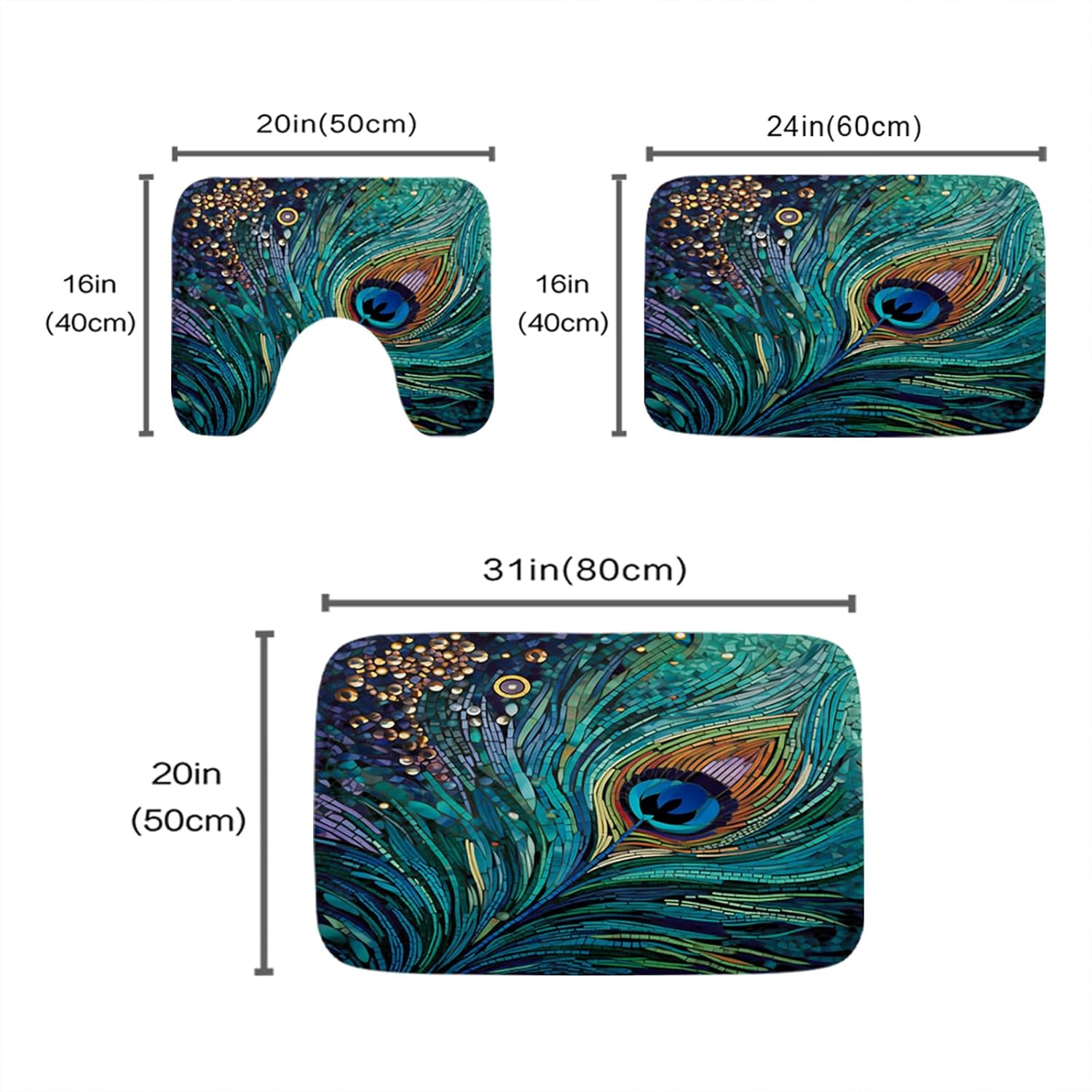 Boho Colorful Feather Peacock Bathroom Rugs and Mats Sets, 20 x 31 Large Imitation Cashmere Bath Mat, 16 x 20 U-Shaped Contour Shower Mat Non Slip, Bath Rugs 16 x 24 Inches
