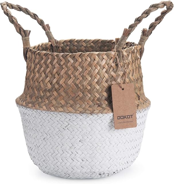 DOKOT Seagrass Belly Basket Natural Woven Plant Pot Foldable with Handles for Storage Laundry Blankets Toys (Natural + White)