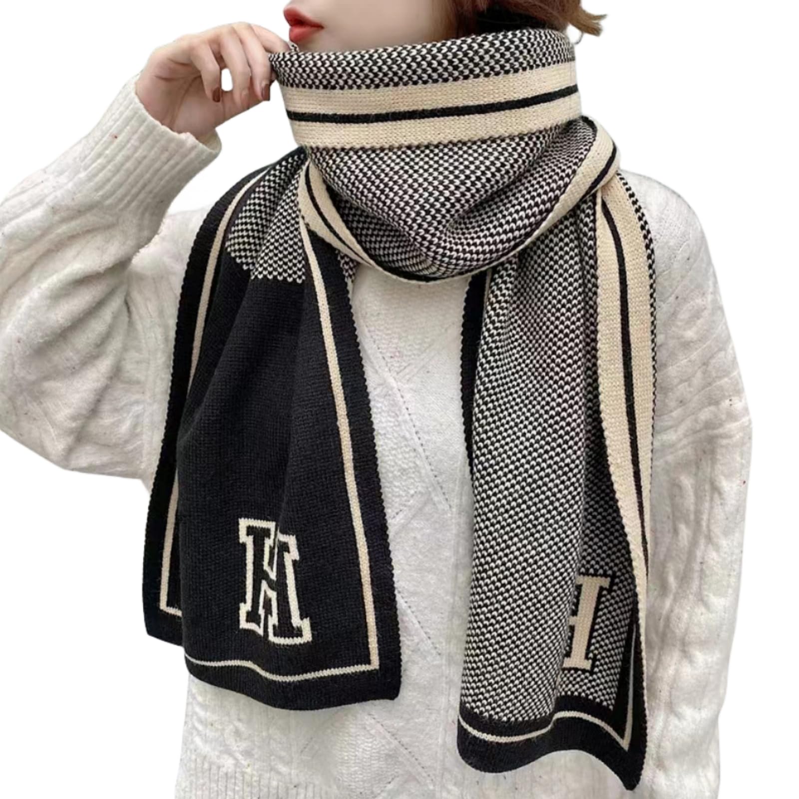 Schals & Tücher Für Damen Buchstabe Schwarzfarbe Passender Doppelseitiger Schal, Vielseitiger Herbst Und Winter Verdickter Warmer Gestrickter Wollschal
