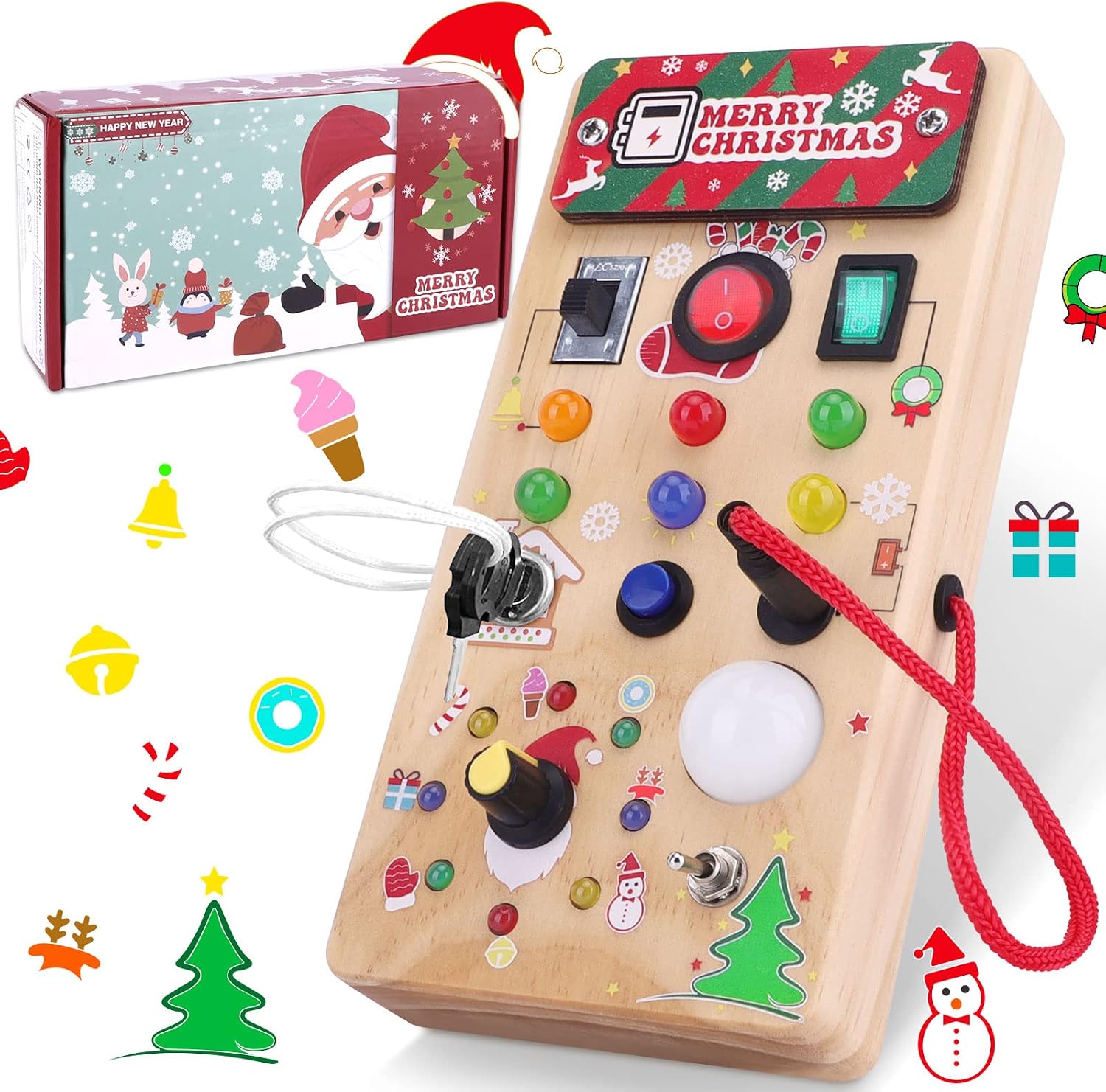 wakelnsa Toddler Montessori LED Busy Board,Christmas & Birthday Gift for 1+ Toddler Boy and Girl,Baby Sensory Board,Light Switch Toy,Travel Toy,Road Trip Essentials Kid,Wooden Toy for Toddler Activity