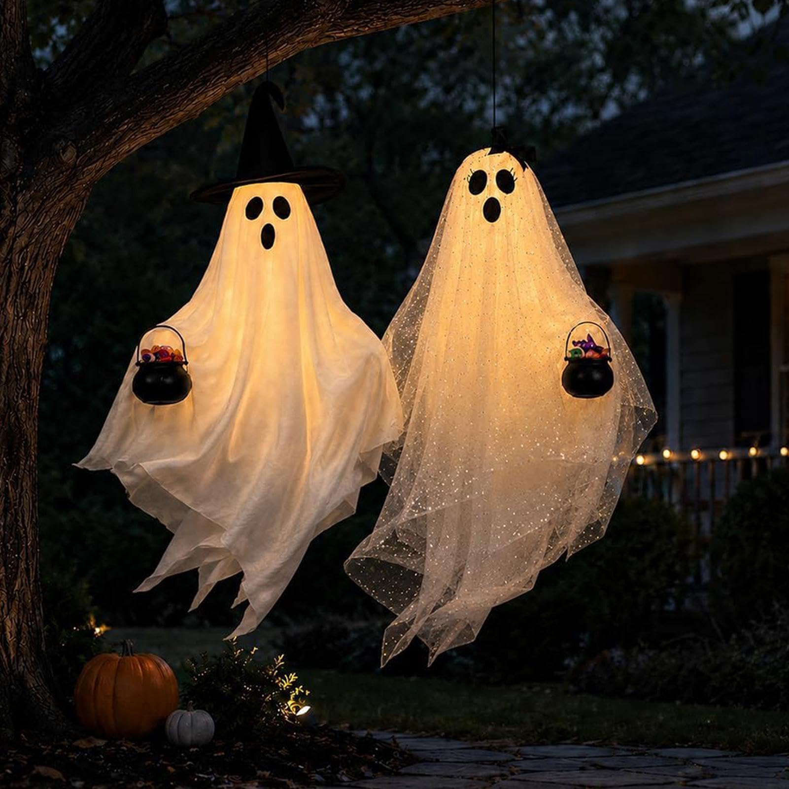 Decorazioni Halloween Per Esterni Decorazione Sicura Cappello da 2 Pezzi | Decorazione Fantasmi Oscillanti Halloween per Patio Casa Prato Sentiero Paesaggio