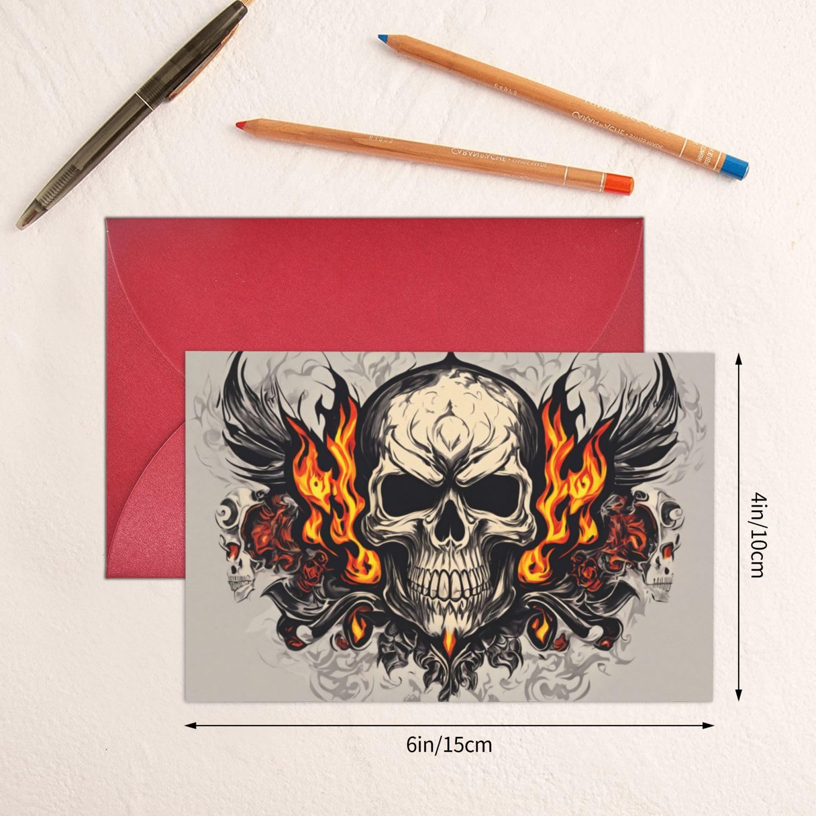 Biglietto Di Auguri Con Teschio Di Fuoco Grigio, Carta Perlata Lucida Con Busta, 10,2x15,2 Cm