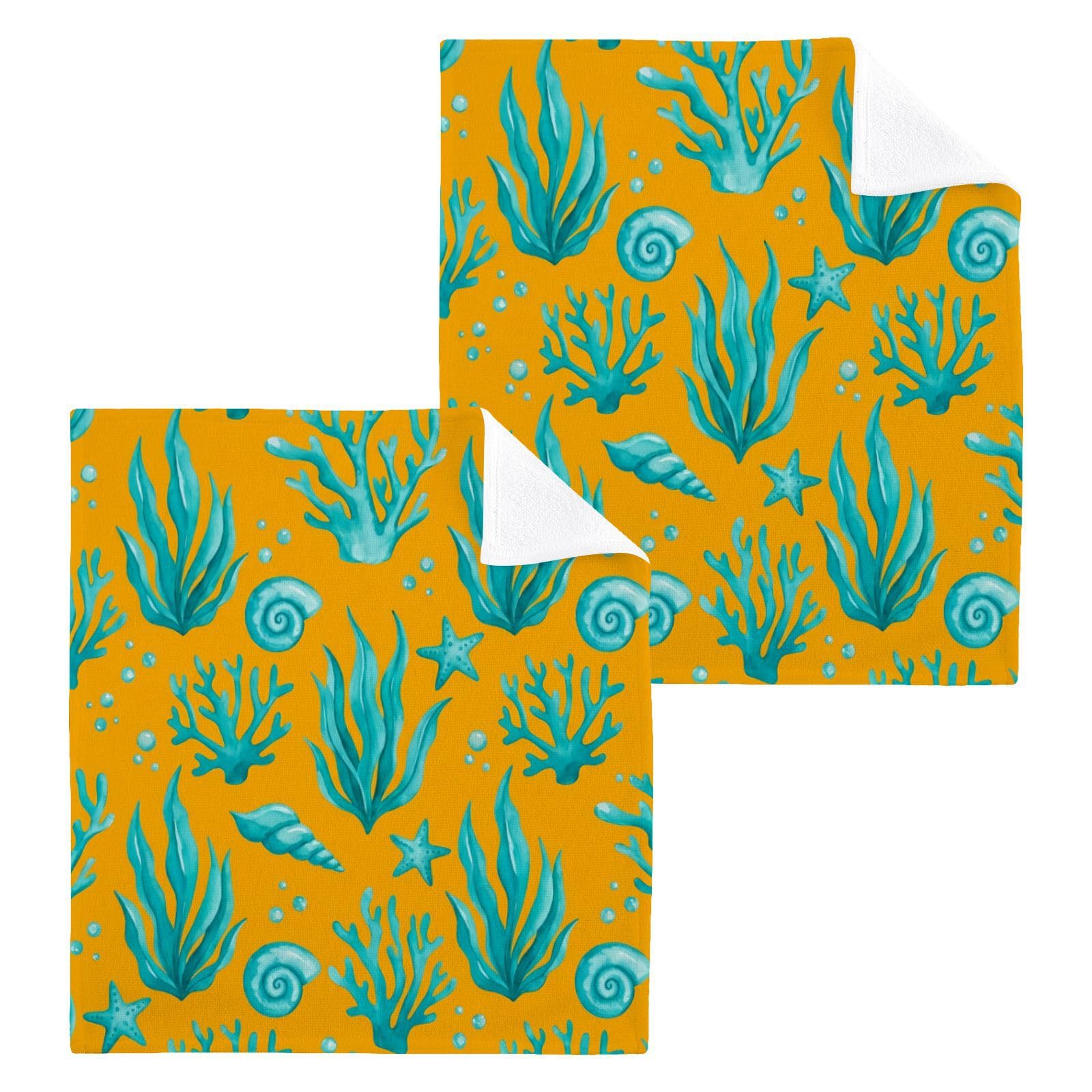 BOESI Teal Coral on Orange 12x12in Cotton Washcloth,Face Towel