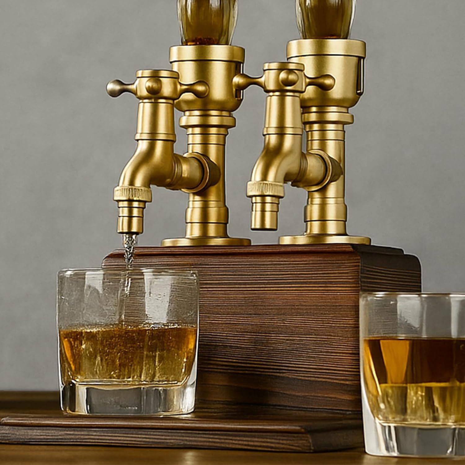 Steampunk Whiskey Dispenser with Wood Base & Brass Tap | Industrial Mancave Bar Decor & Home Bar Accessory | Dual Tap Version | Unique Gift for Him, Father’s Day, Birthday