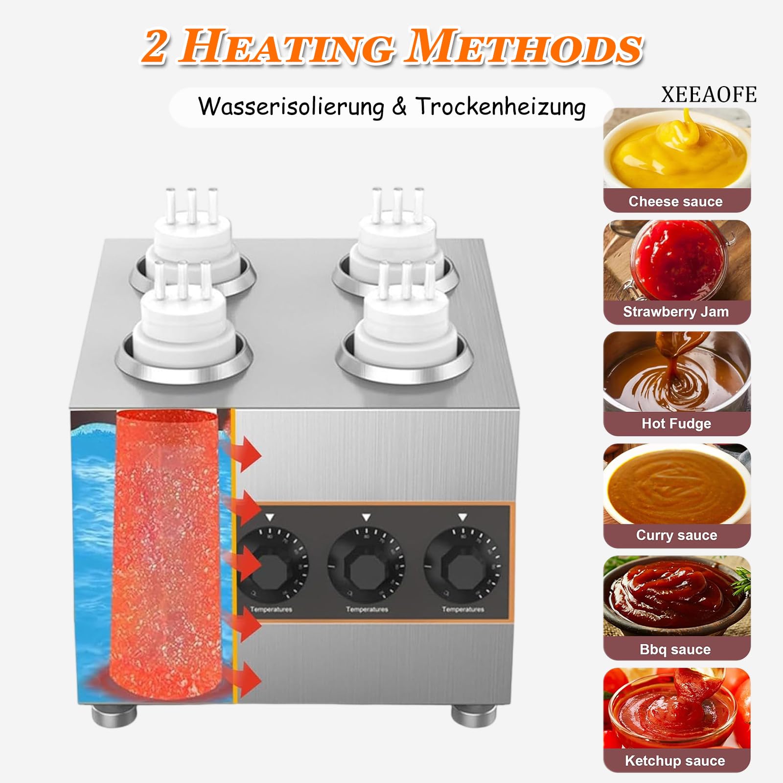 Dispensador eléctrico de salsa, acero inoxidable de 640 W, queso nacho y calentador de dulce caliente con 4 botellas exprimibles para encimera