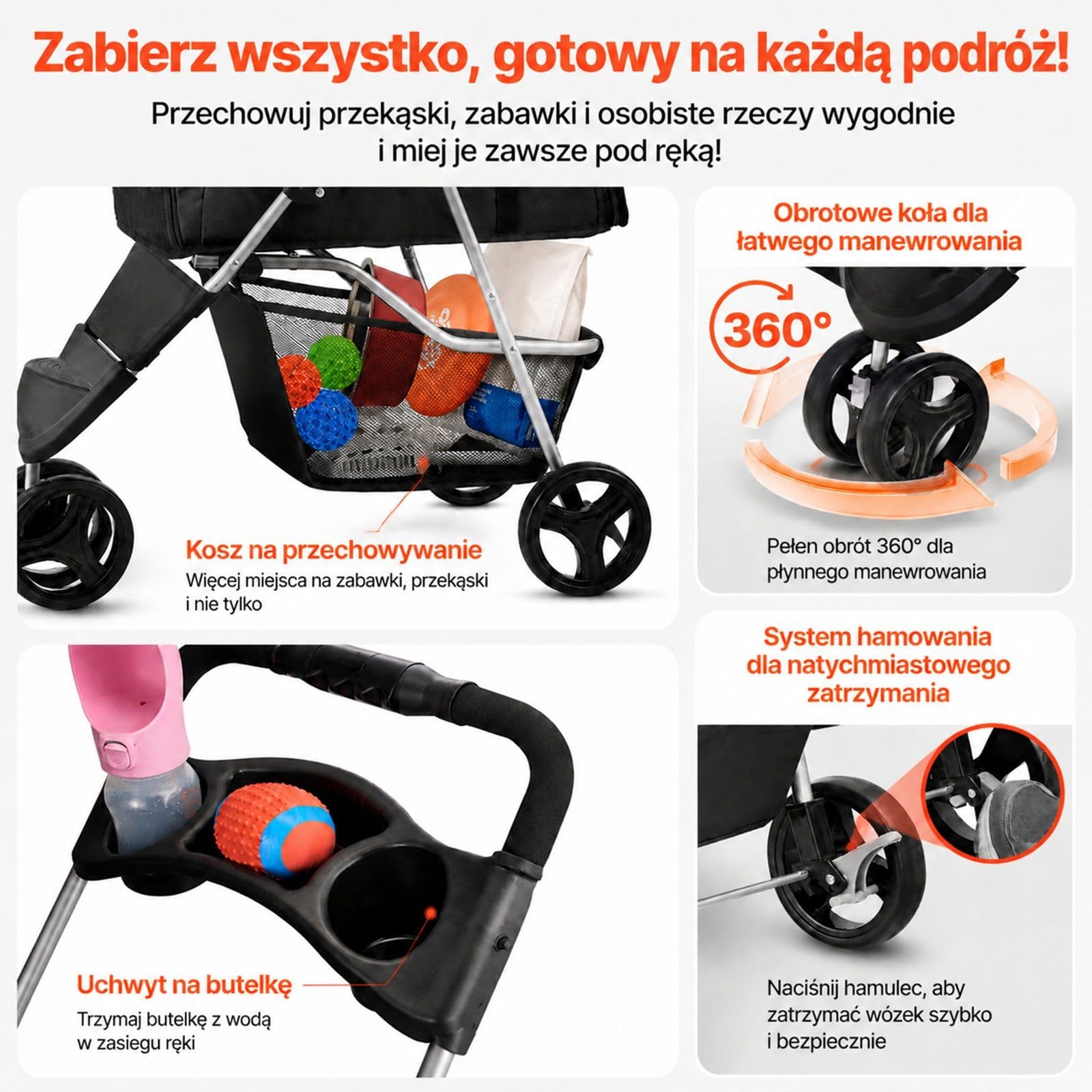 Składany wózek dla psa i zwierząt domowych do 16 kg, wózek spacerowy dla pupila na spacery i podróże