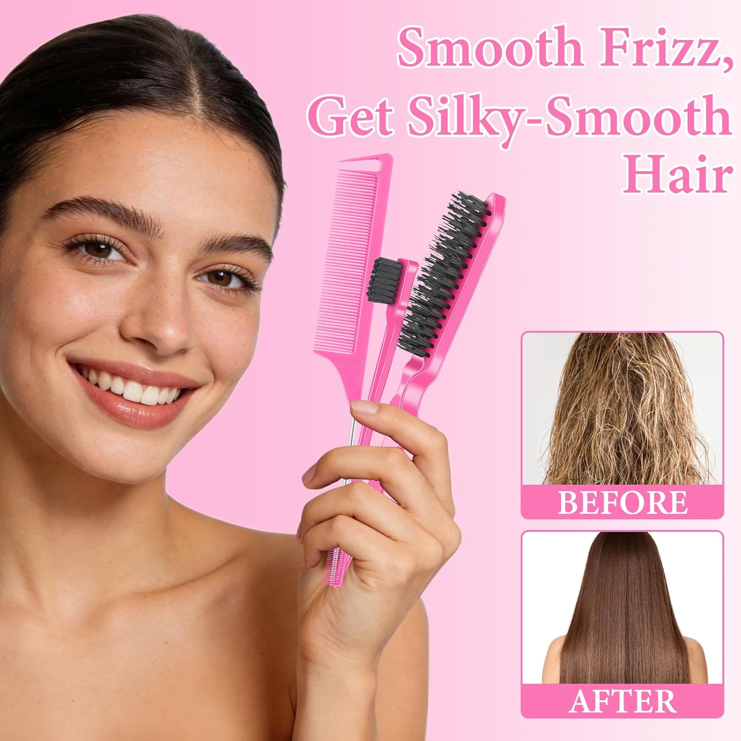 NICEMOVIC 102 Piece Edge Brush Bulk Set with 34pcs Teasing Brushes, 34pcs Rat Tail Combs, and 34pcs Edge Brushes for Women and Girls - Pink