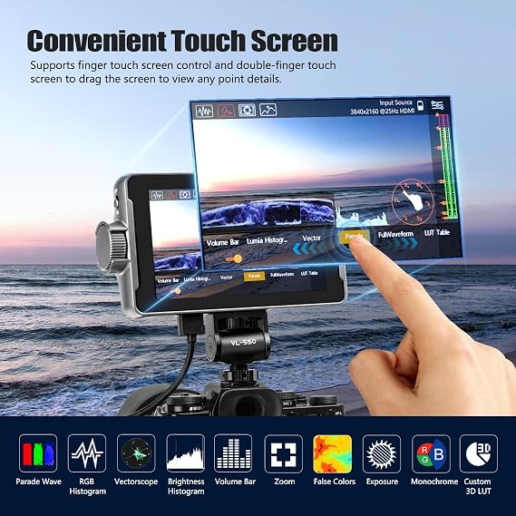 VILTROX DC-550 Pro Touch Screen DSLR Camera Field Monitor 4K HDMI, 5.5 Inch 1200 Nits Video Camera Monitor with Battery/Sunshade Hood, 3DLUT, Focus Peaking, Waveform, False Colors