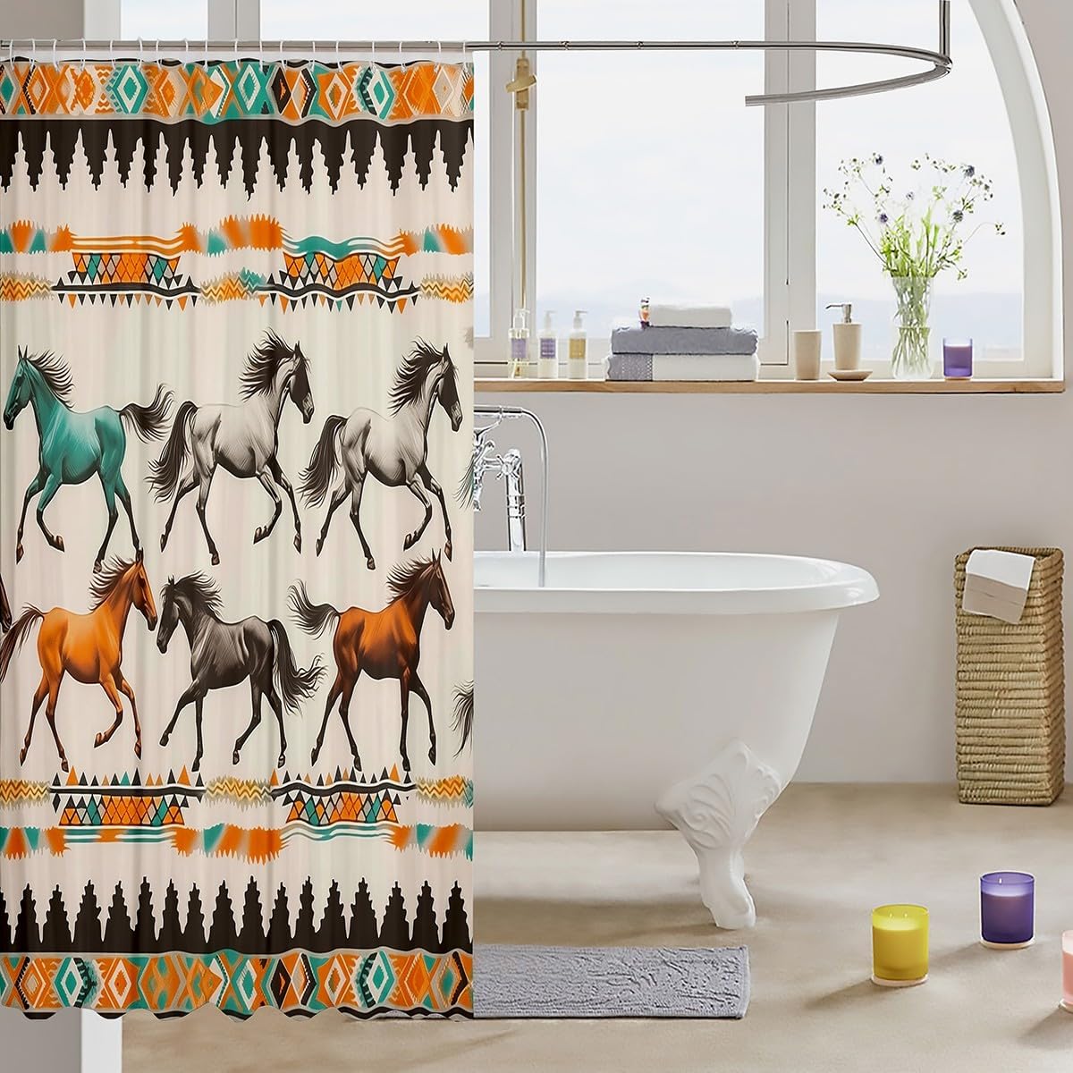 jejeloiu Galloping Horse Fabric Shower Curtain Bohemian Stripe for Adult Kids Rustic Style Bathroom Waterproof Accessories with 12 Hooks Shower Curtain Green Orange Curtains,72x78 Inches