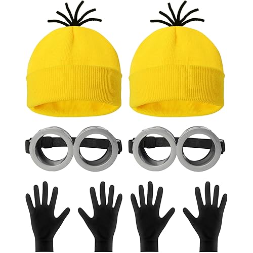 6 Pcs Halloween Costume Accessories for Adult,Yellow Beanie/Goggles Glasses/Gloves for Men Women Cosplay Party Set