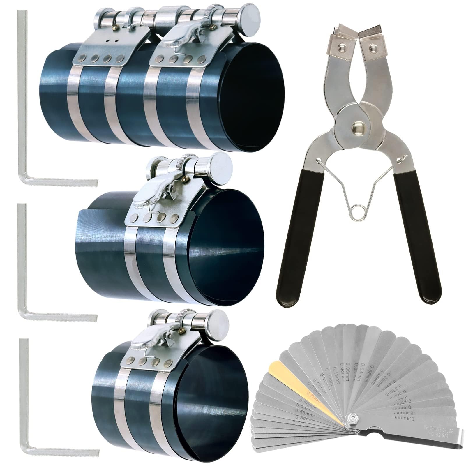 THE WHITE SHOP Auto Engine Piston Ring Compressor Tool Set with Piston Installer Pliers and Piston Rings for Car Truck Auto Engine(8PCS)