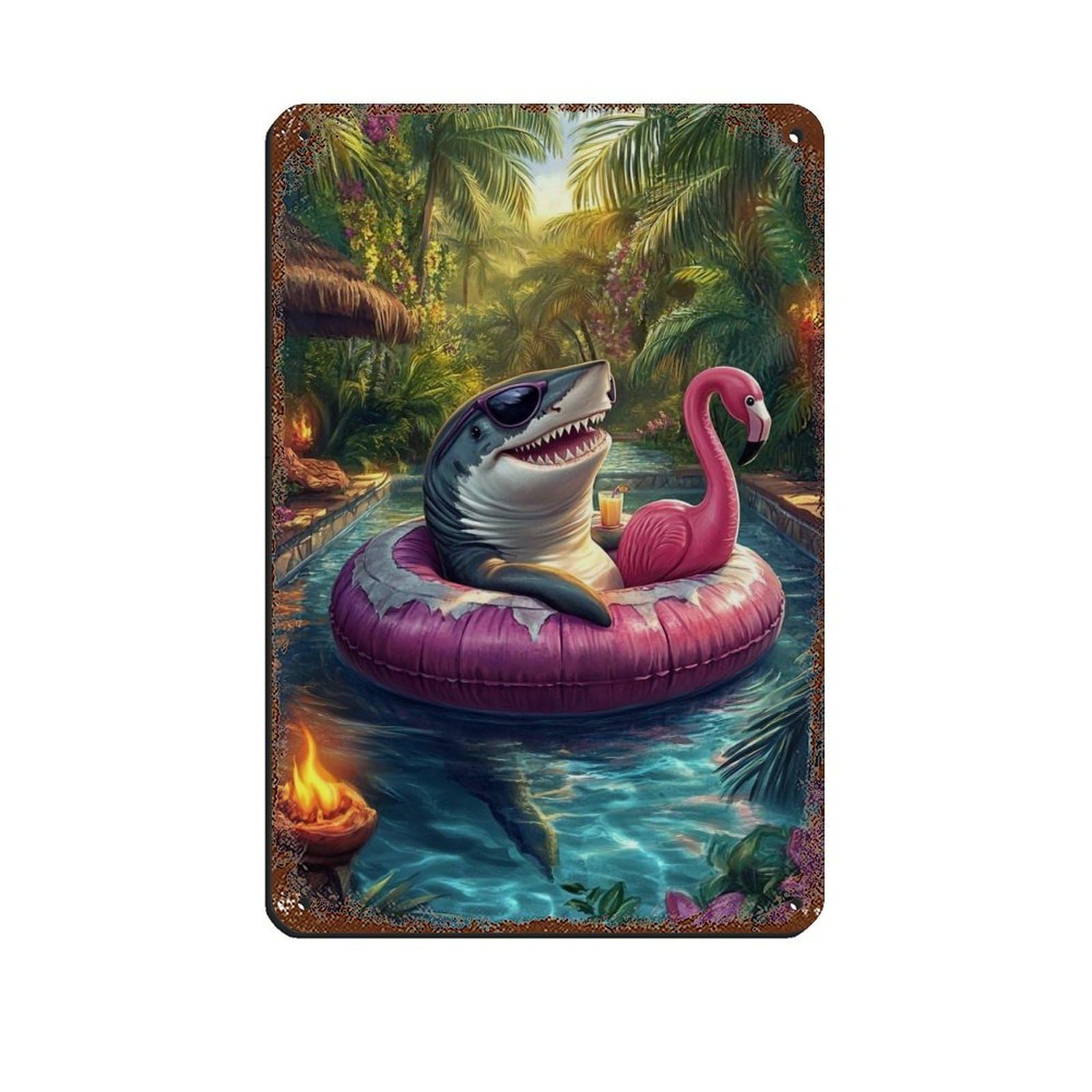 Shark on Flamingo Float Tropical Paradise Retro Poster Metal Tin Sign Chic Art Retro Iron Painting Bar People Cave Cafe Family Garage Poster Wall Decoration 8x12inch(20x30cm)