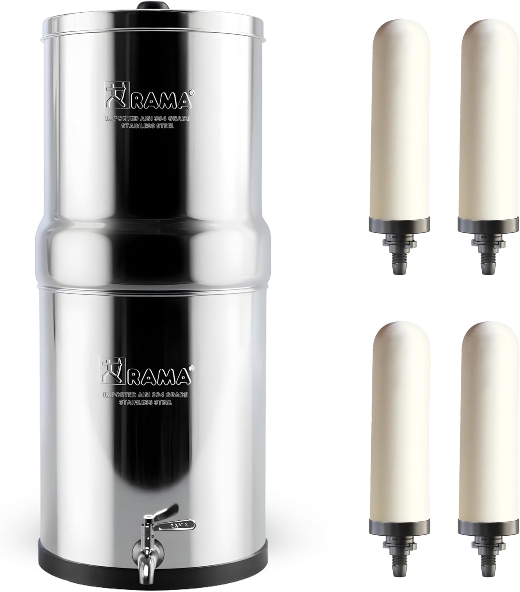 RAMA Gravity Water Filter, 8 Litre Storage (17 Litre Total Capacity) 304 High Grade Stainless Steel Water Purifier for Home, 10 Year Manufacturer Warranty with 4 Spirit Candles and Stainless Steel Tap
