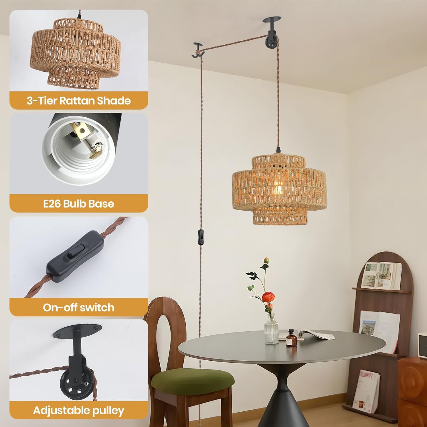 SEEBLEN Rattan Plug in Pendant Light Boho Hanging Lights with Plug in Cord,Farmhouse Pulley Pendant Light with On Off Switch for Bedroom Living Room.