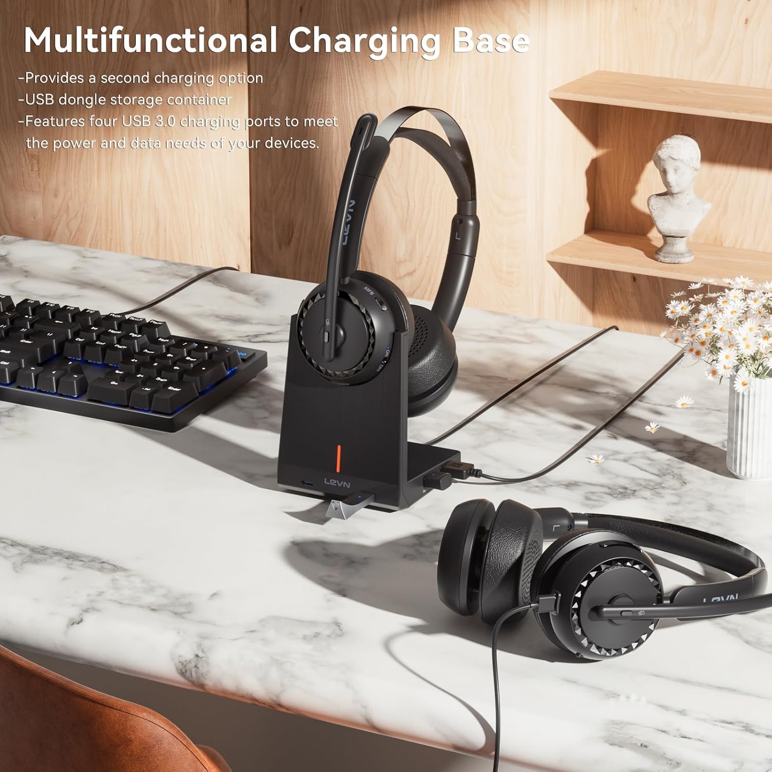 LEVN Wireless Headset with AI Noise Cancellation in action