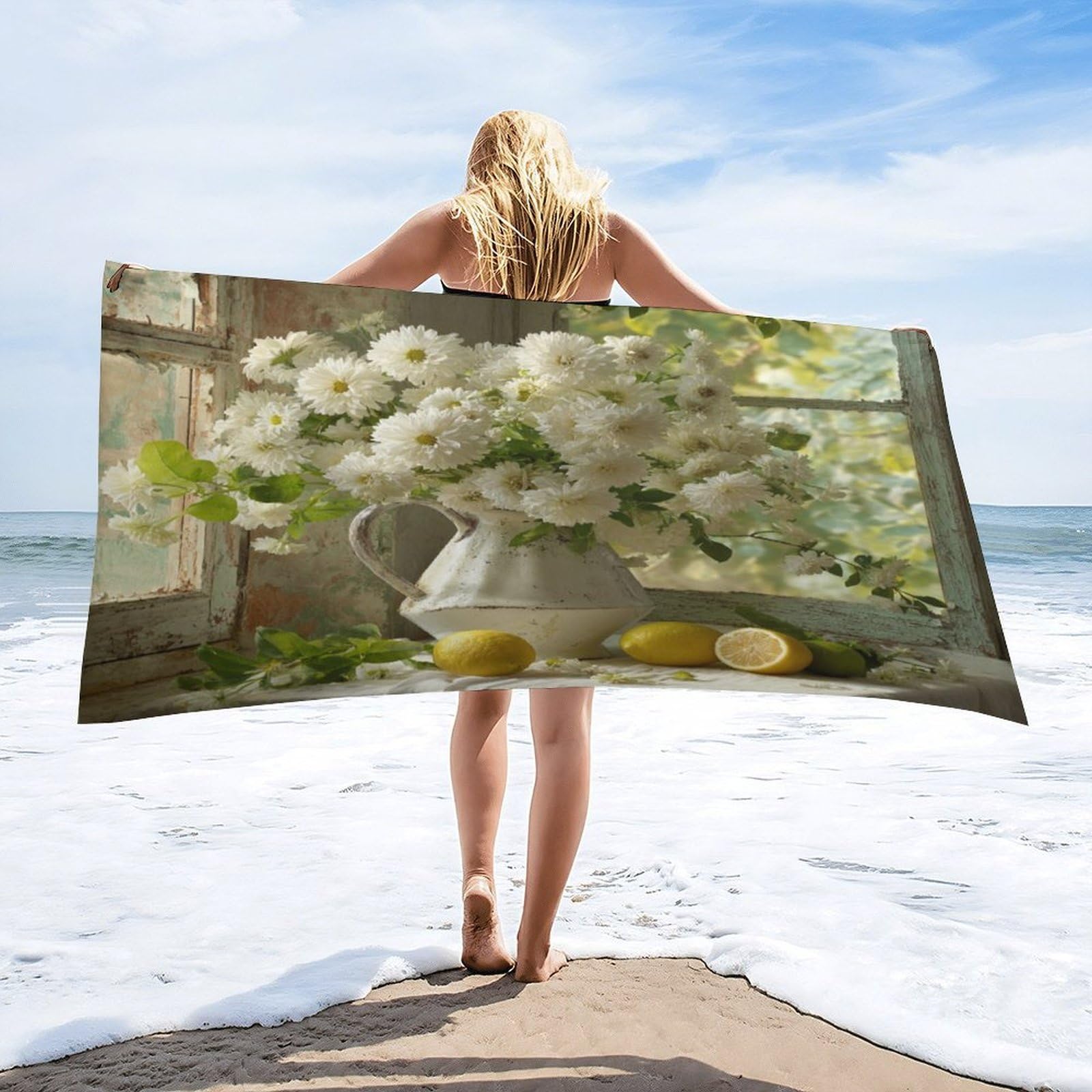 Luyysky Modern Watercolor Fruit Lemon Quick-Drying Beach Towel, Beautiful Vintage Spring Window Landscape Plant Daisies Floral Travel Vacation Single Sided Pile Bathroom Towels-80 W Cm X 160" L Cm