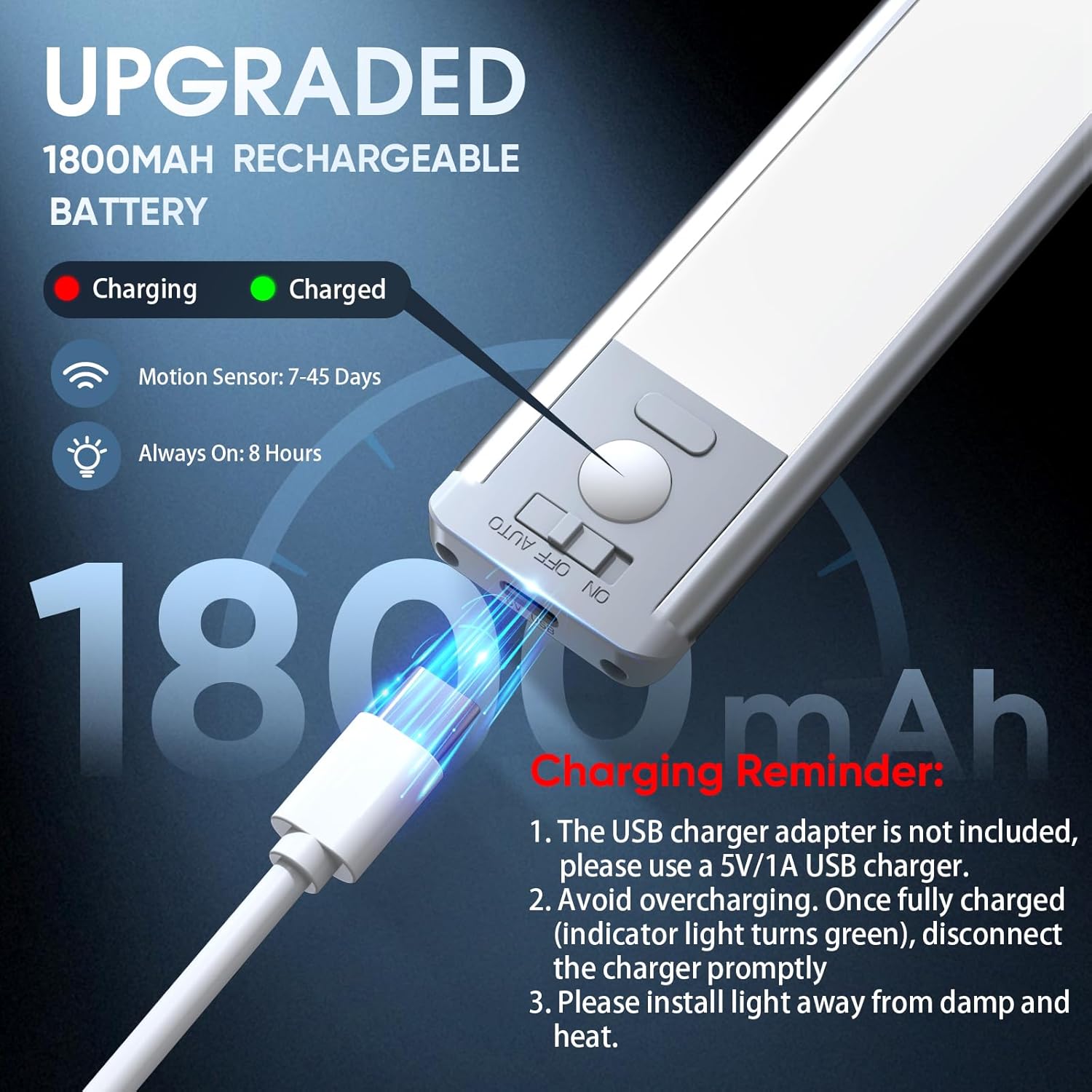 10inch Under Cabinet Lighting, 2 Pack Rechargeable Motion Sensor Light Indoor, 5 Levels Dimmable Magnetic Closet Lights, Wireless Under Counter Lights for Kitchen, Stairs Warm White Light 10inch