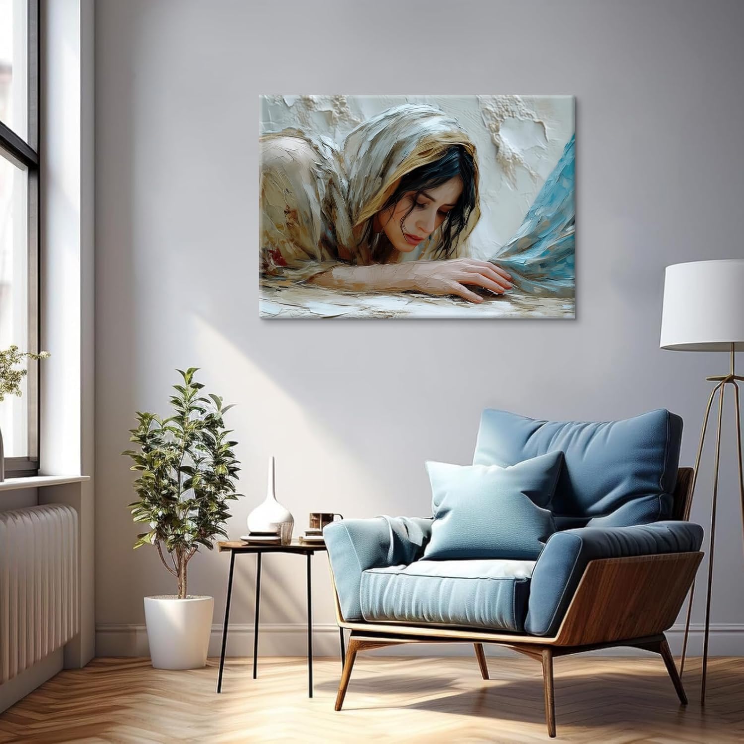 Jesus Heals The Girl Wall Art Woman Touches The Hem Of Jesus'Skirt Wall Decor picture religion Bible Stories Canvas Poster print Artwork for Christian bedroom Living Home Decor 16x24in Wrapped Canvas