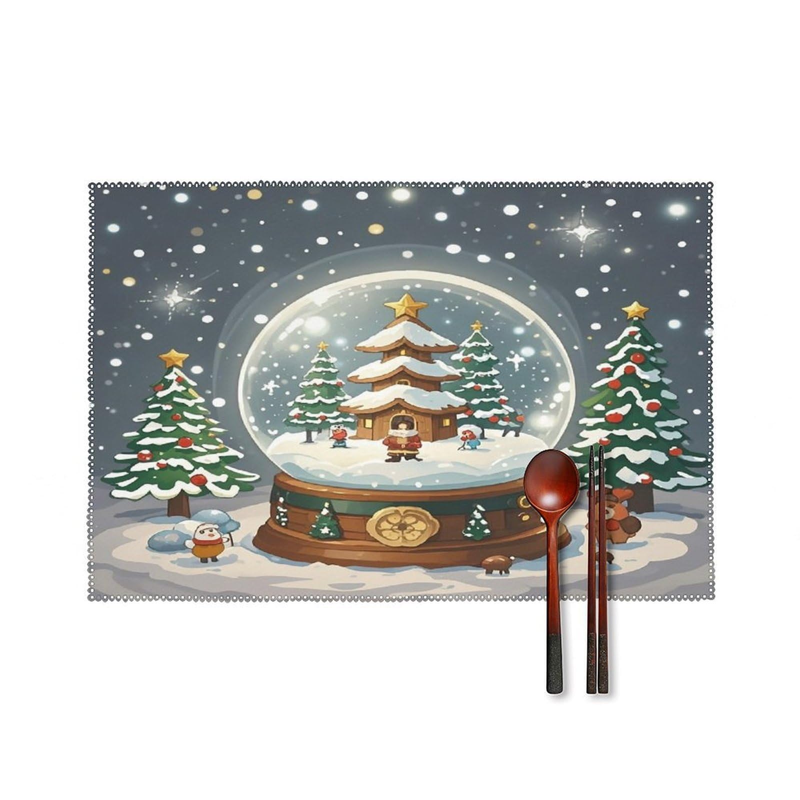 Christmas Snow Globe Placemats Set of 6 Heat-Resistant Washable Place Mats Wipeable Kitchen Placemat Easy to Clean for Indoor Outdoor Party Kitchen Decoration