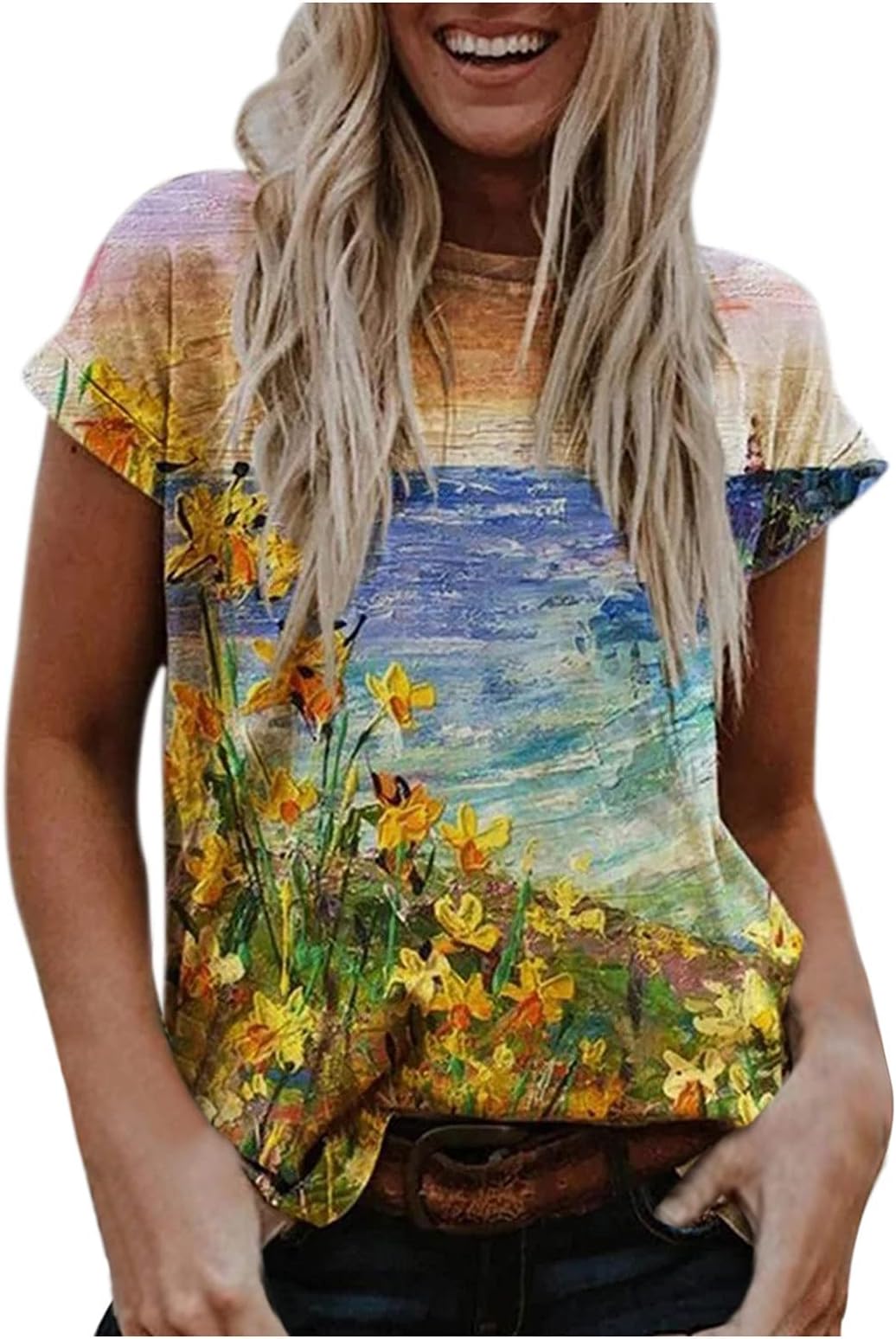 WANGXIYAN Summer Women Tie Dye Tops Fashion Casual Loose Fit Short Sleeve Crewneck Printing T-Shirt Comfy Soft Blouses Tees, W01#blue