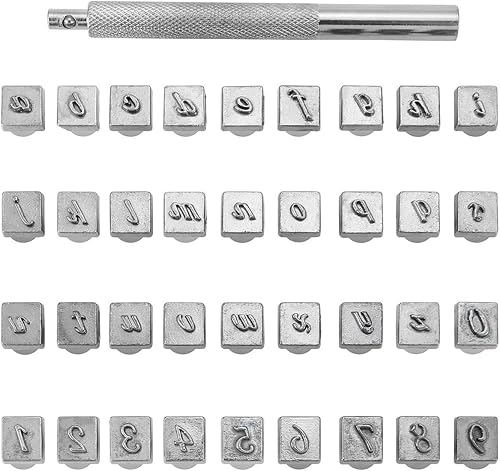 Yoption Juego de 37 herramientas de estampado de carrocería de cuero, 26 letras del alfabeto y 10 sellos de números herramienta de punzón de acero