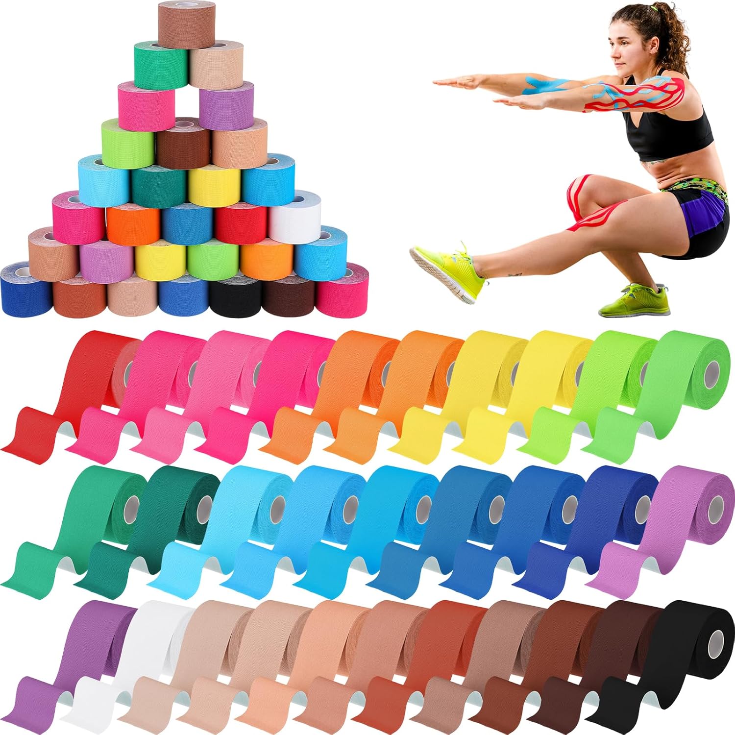 Timgle 30 Rolls Waterproof Kinesiology Tape 2 in x 16 ft Uncut Athletic Tape for Elbow Shoulders Ankle Gym Fitness Exercise Running Swimming, 30 Colors