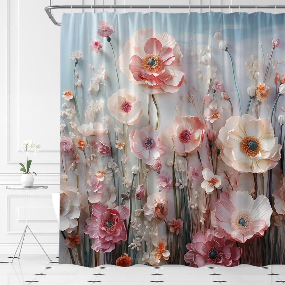 Colorful Flowers Shower Curtain Watercolor Flower Pink Floral Spring Plants Romantic Wildflower Butterfly Pretty Nature Scenery Fabric Bathroom Decor Set with Hooks(84" Wx70 H)
