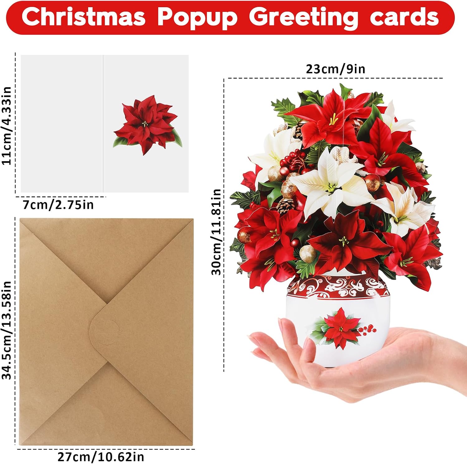 Naozinebi 5 Set Christmas Paper Pop Up Cards Poinsettia Thank You Cards Paper Flower Bouquet 3D Popup Greeting Cards 3D Merry Christmas Card Birthday Holiday Card with Note Card Envelope