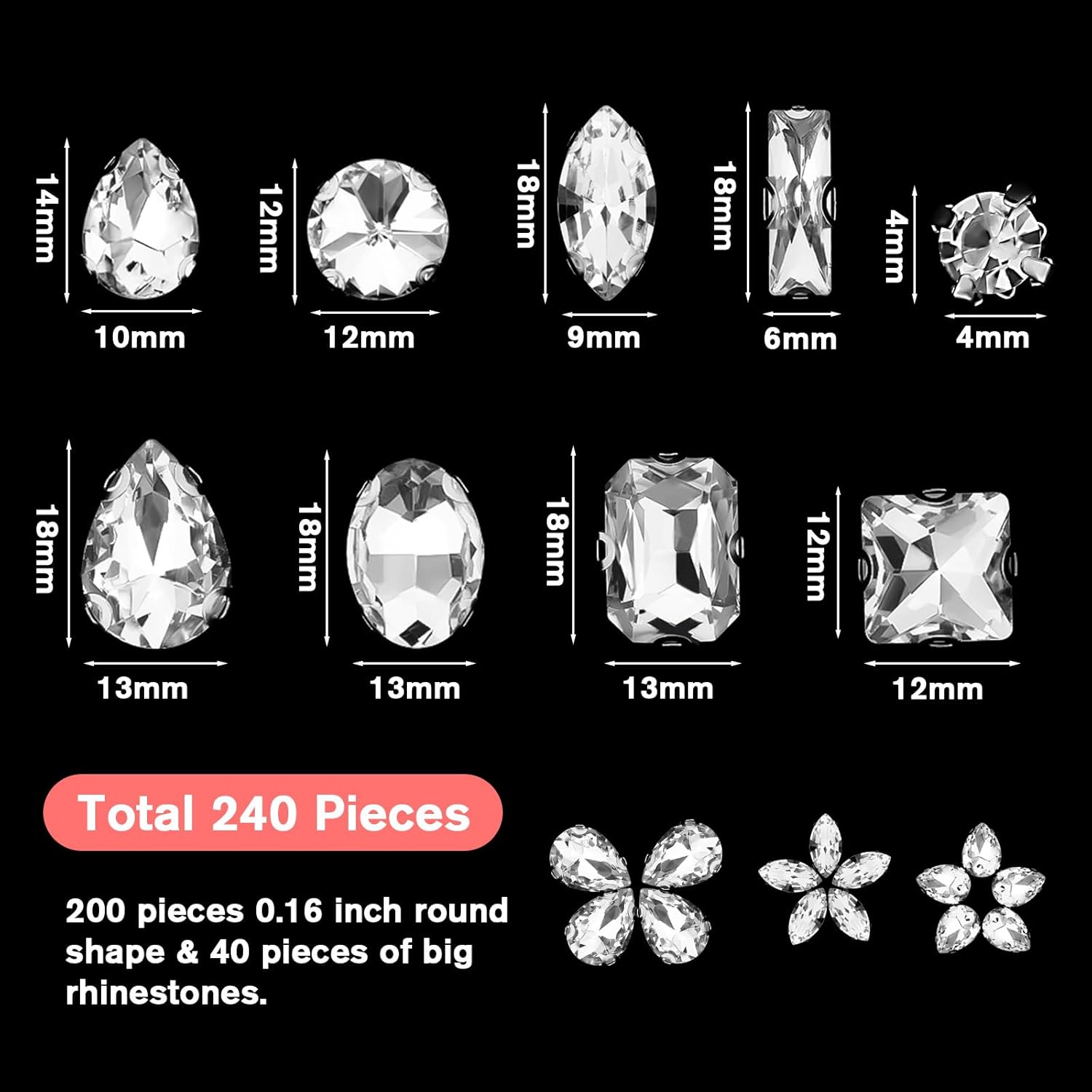 240 PCS Sew on Rhinestones Mixed Shapes Glass Rhinestones Sew on Crystal Gems Mental Flatback wif Silver Claw for Jewelry Crafts Clothes Shoes Costume Garment(White) - Image 2